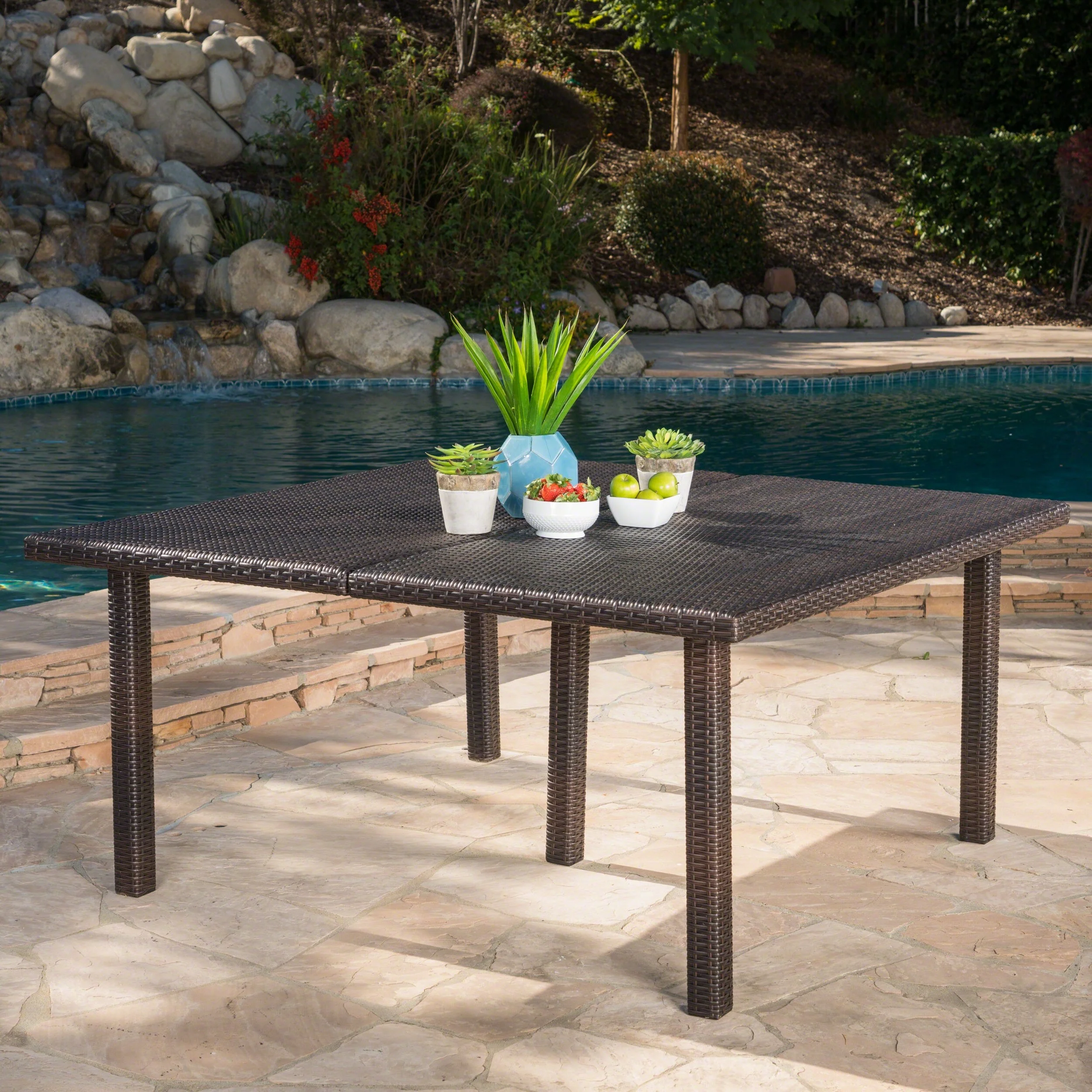 Roomfitters Large Wicker Outdoor Dining Table with Modern Straight Legs, Weather-Resistant Patio Table