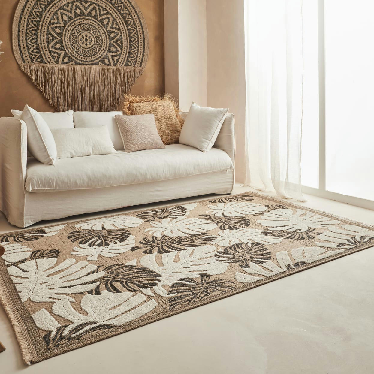 TULUM - Tapis intérieur et extérieur aspect jute feuille noir - 160x230