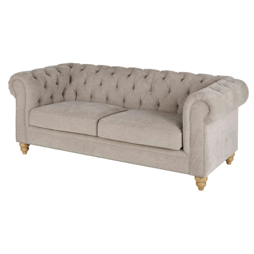Chesterfield - Canapé 3/4 places en velours beige rosé