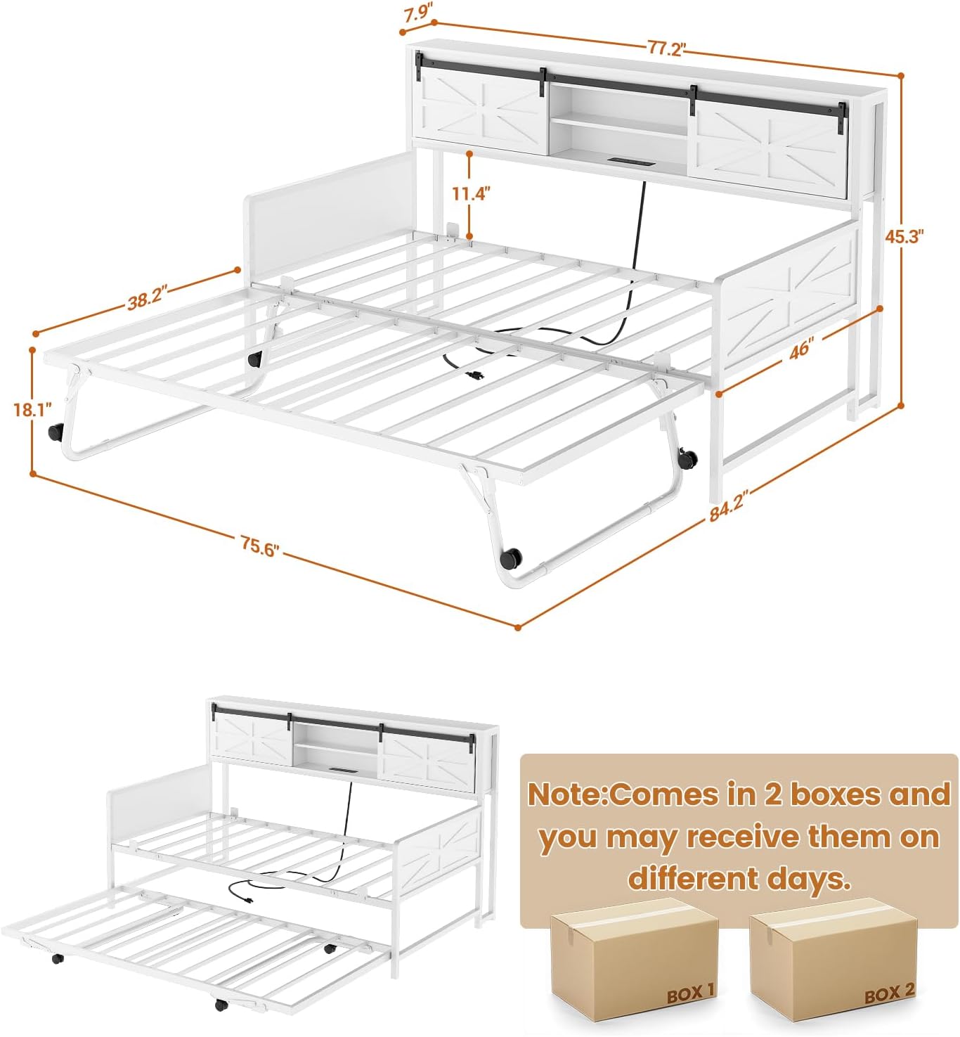 Homieasy Twin Daybed with Pop Up Trundle, Farmhouse Twin Bed with Bookcase Headboard and Charging Station, Metal Sofa Bed Frame with Barn Door Storage for Living Room, Bedroom, Guest Room, White