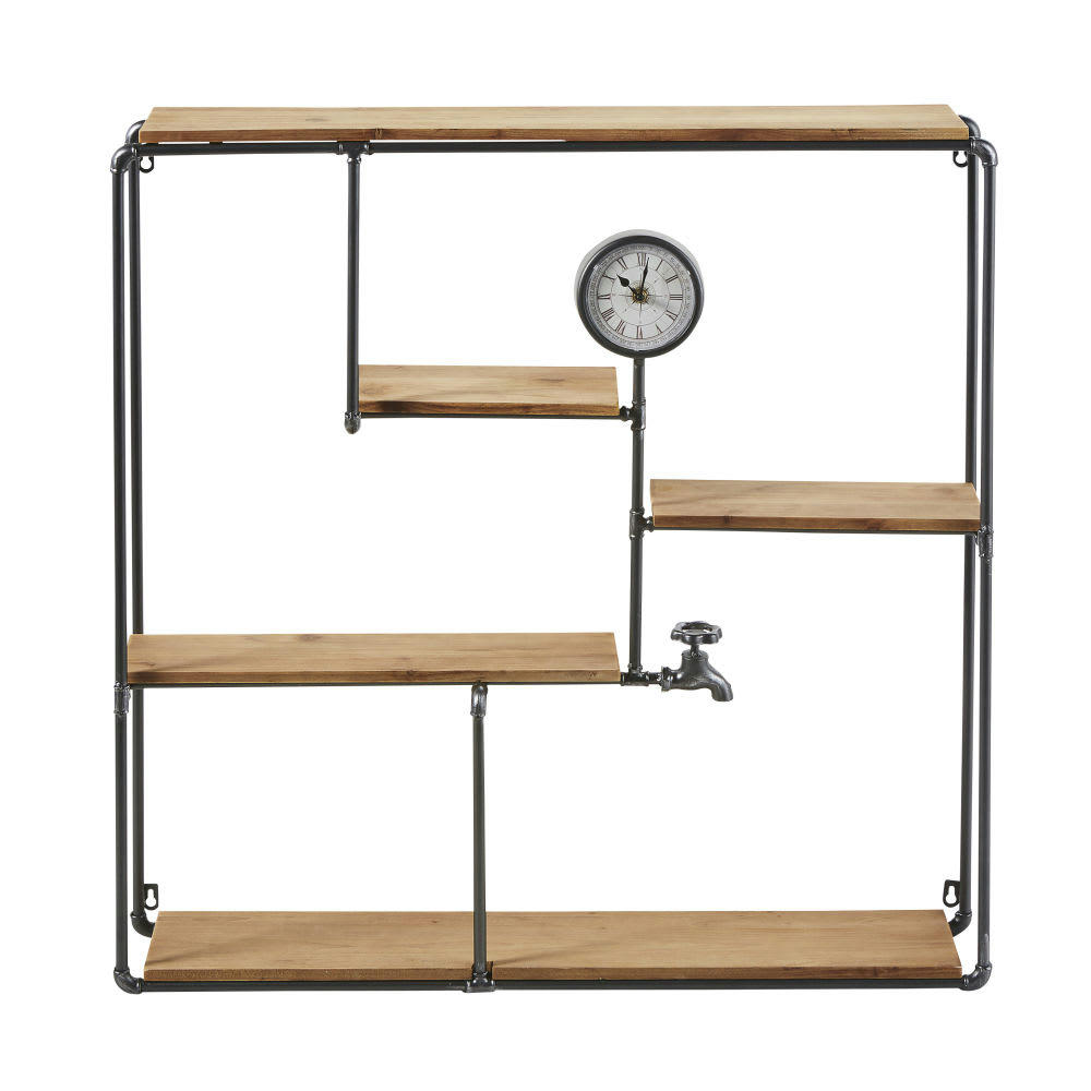 FRANKLIN - Etagère en métal noir et bois de sapin avec horloge