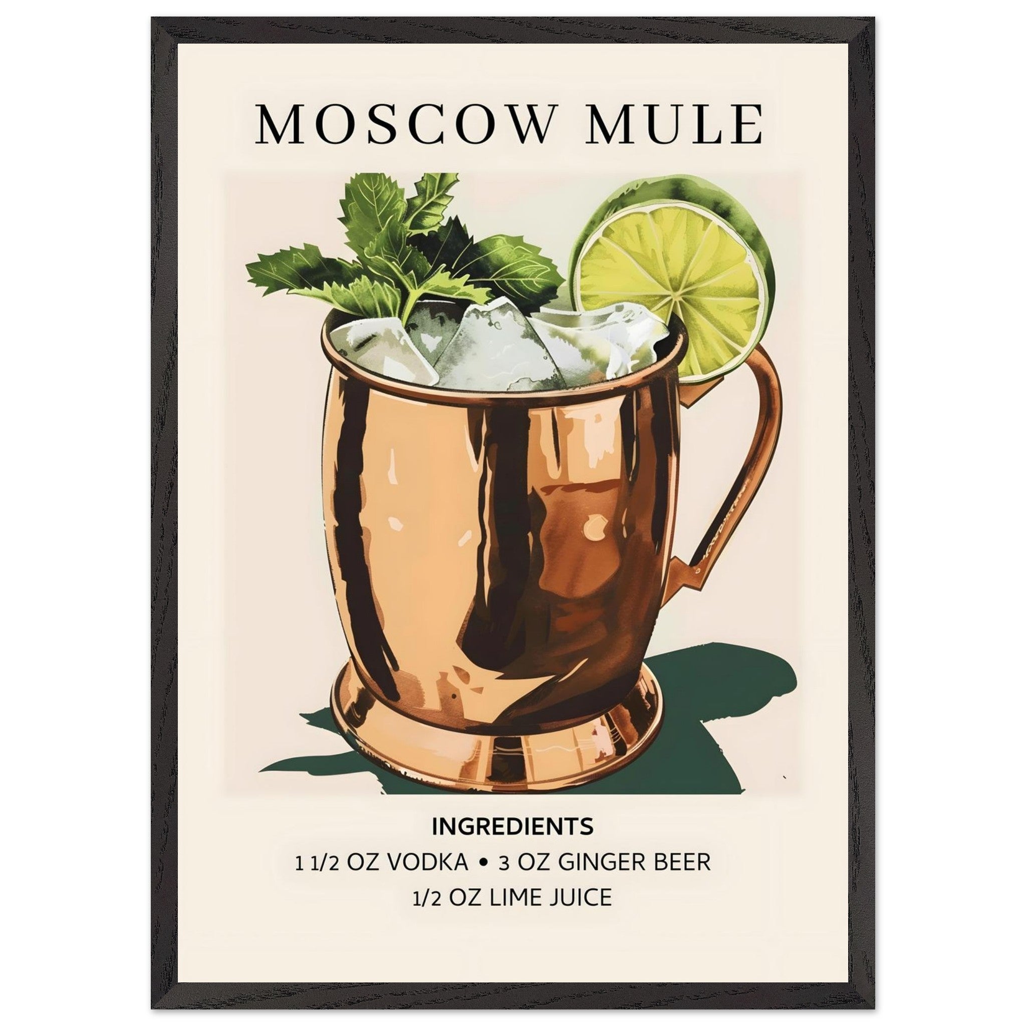 Artfulprints Poster met Lijst Moscow Mule cocktail I - Ingrediënten  - 50x70 cm - Meerkleurig