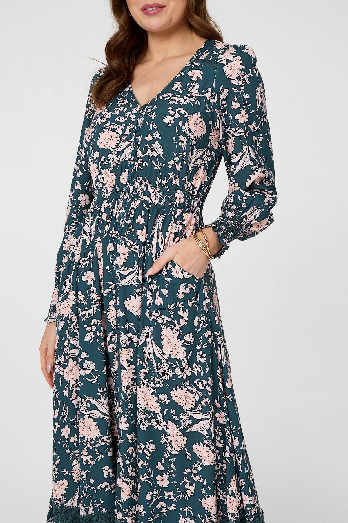 Izabel London Floral Long Sleeve Lace Maxi Dress