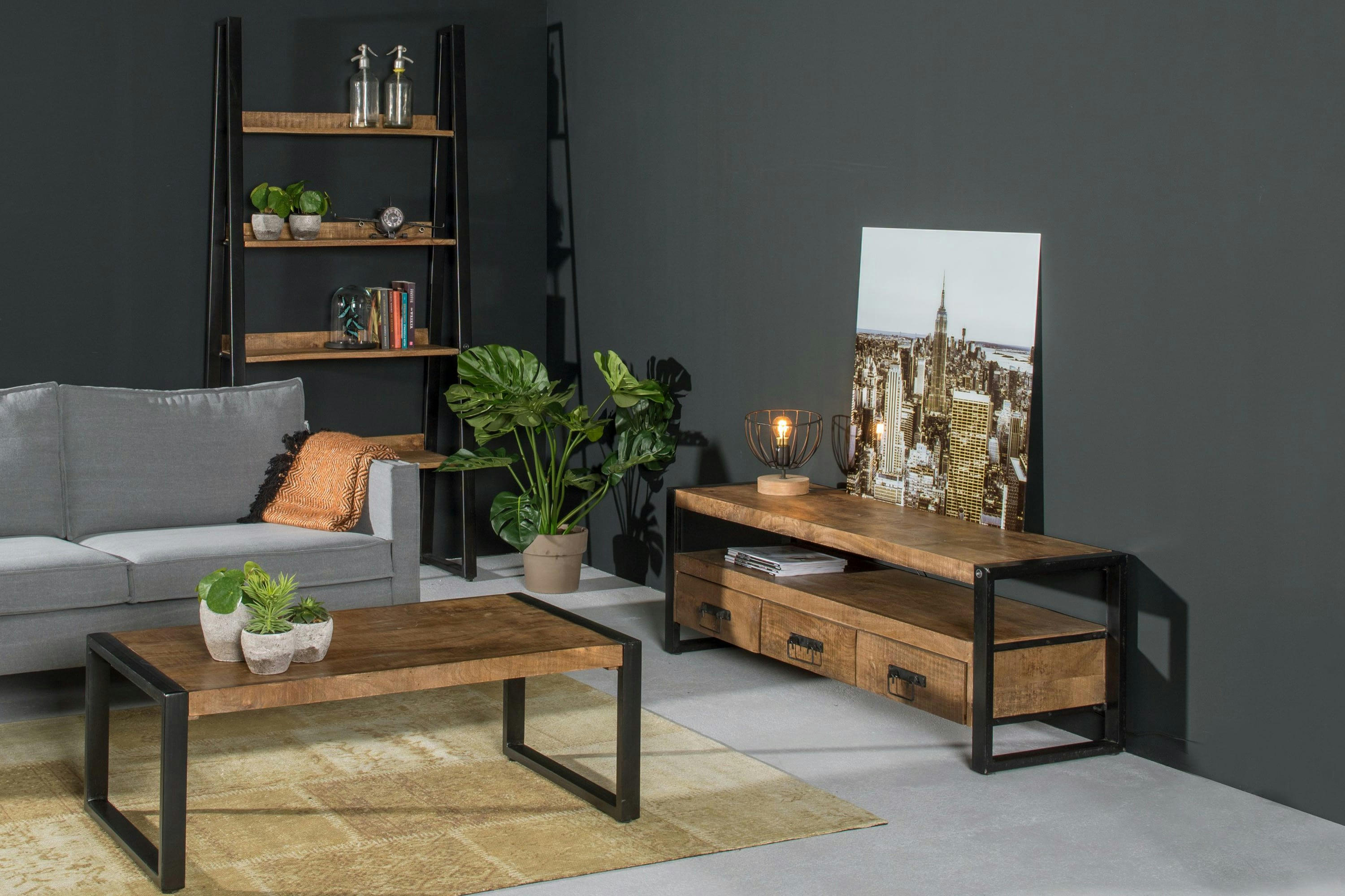 BELEM - BELEM-Meuble TV 3 tiroirs L150cm en bois de Manguier massif et métal