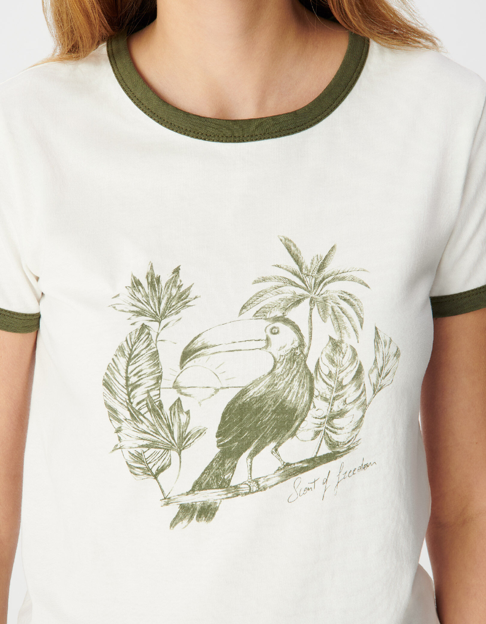 Tee-shirt manches courtes écru visuel oiseau kaki Femme