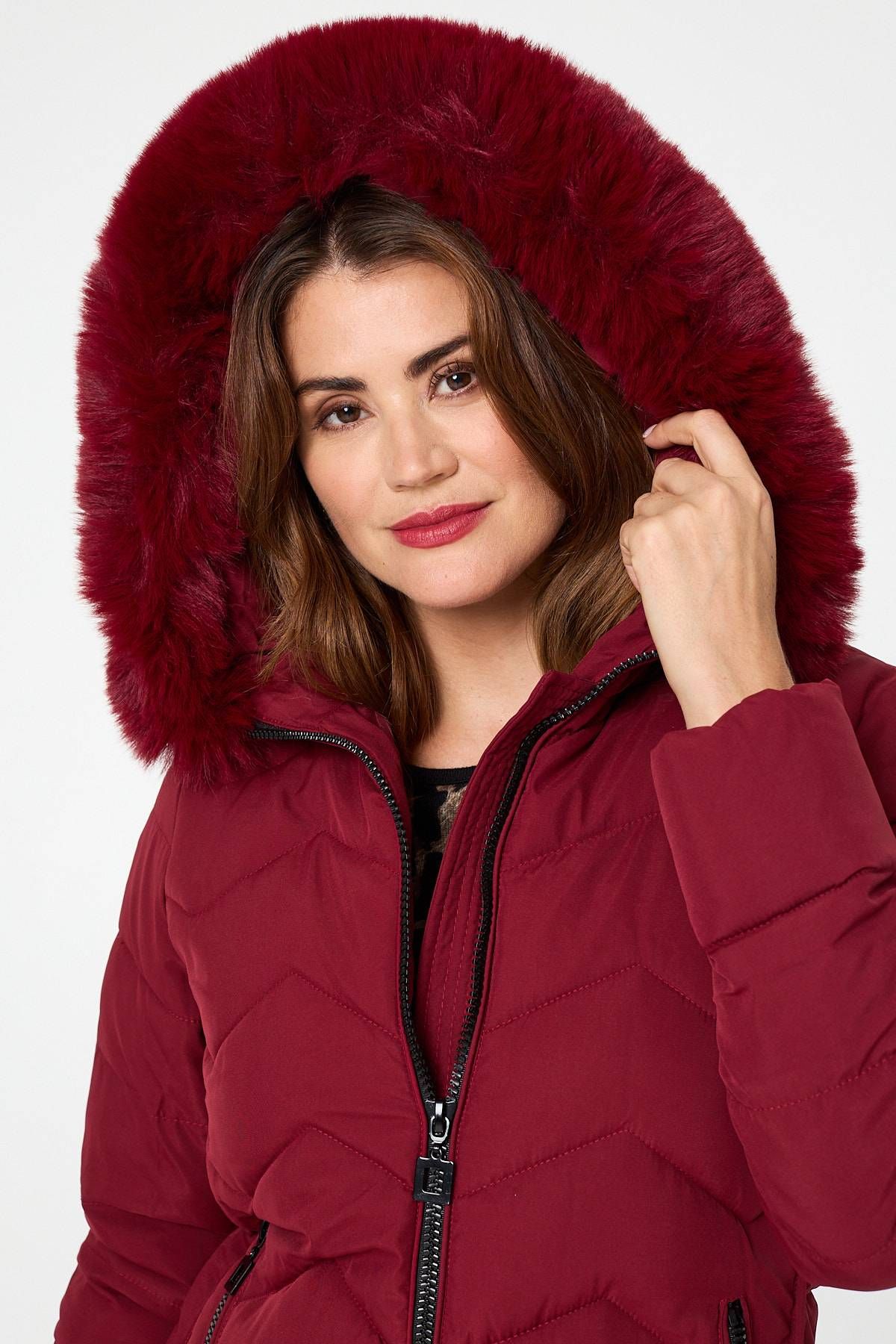 Izabel London Faux Fur Hood Thigh Length Puffer Jacket