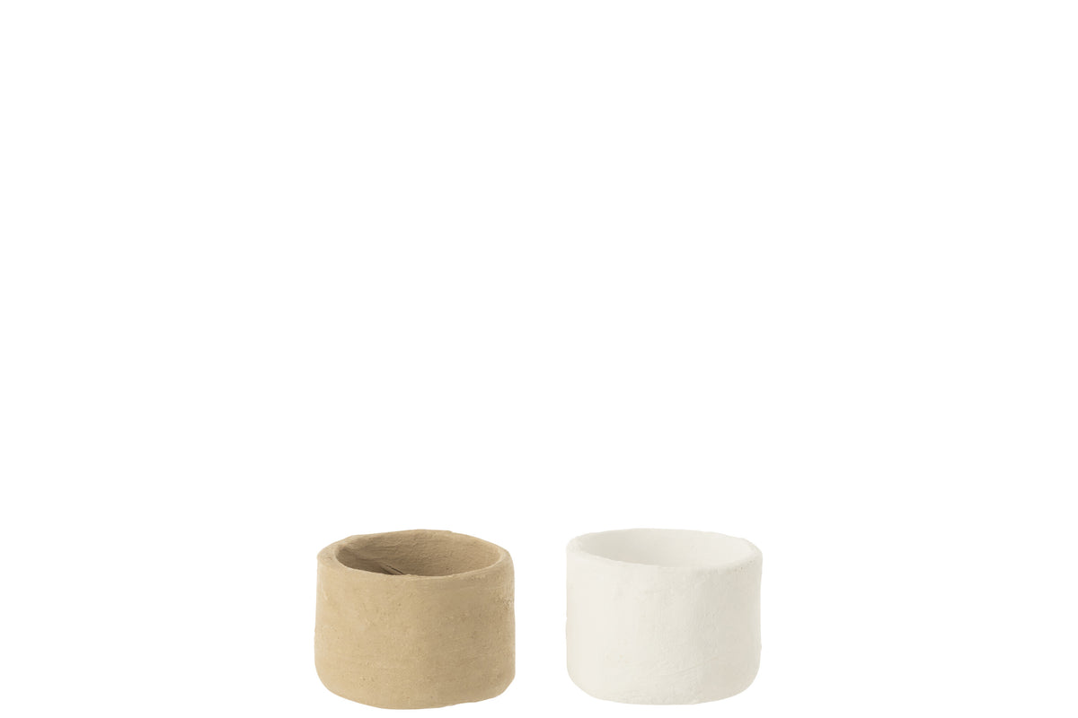 J-Line bloempot Mini - papier mache - naturel/wit - 2 stuks - Ø 4 cm