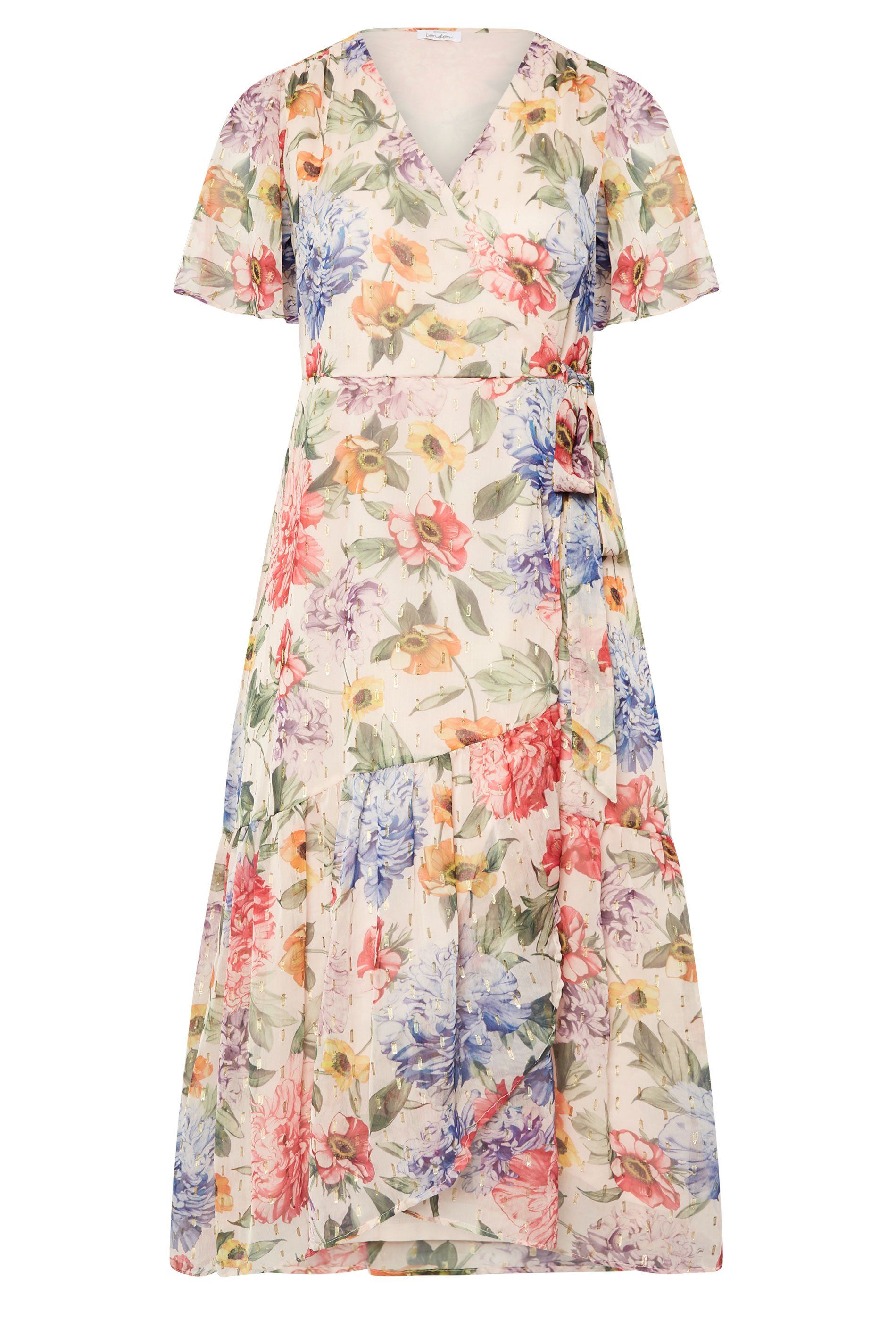 Yours Floral Print Metallic Wrap Dress