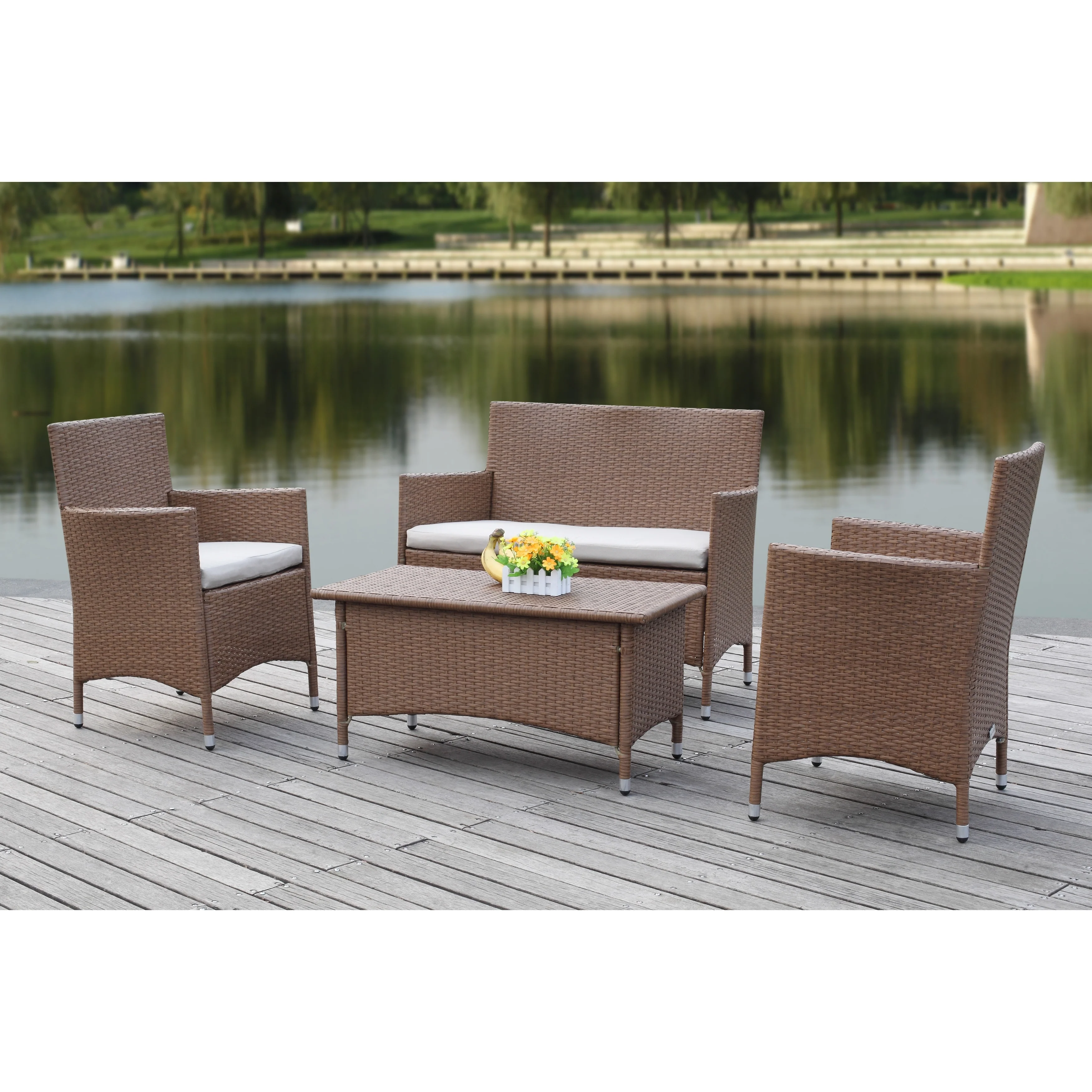 SAFAVIEH Outdoor Simka Brown/ Sand Patio Set (4-Piece) - 43W x 34D x 23H