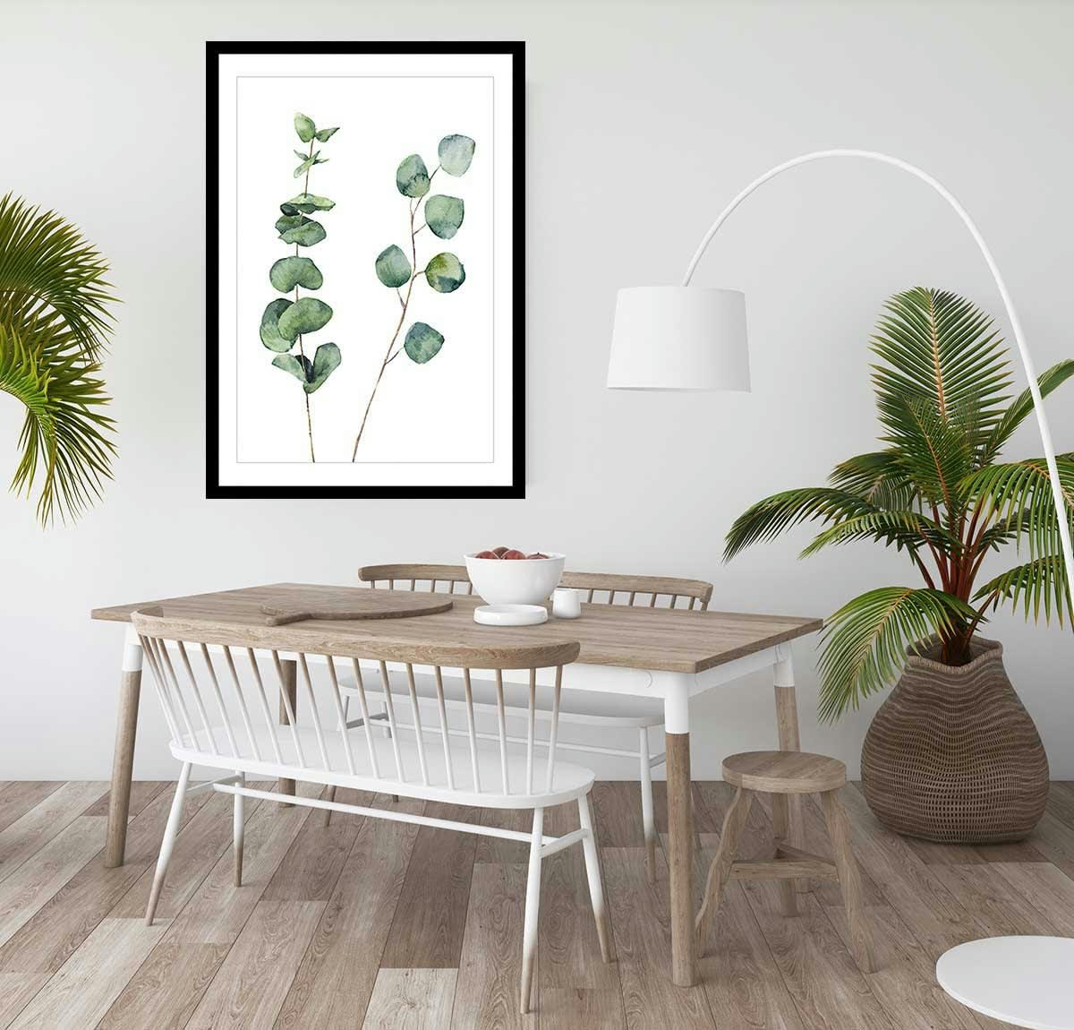 - Affiche nature aquarelle feuille d' eucalyptus avec cadre noir 30x45cm