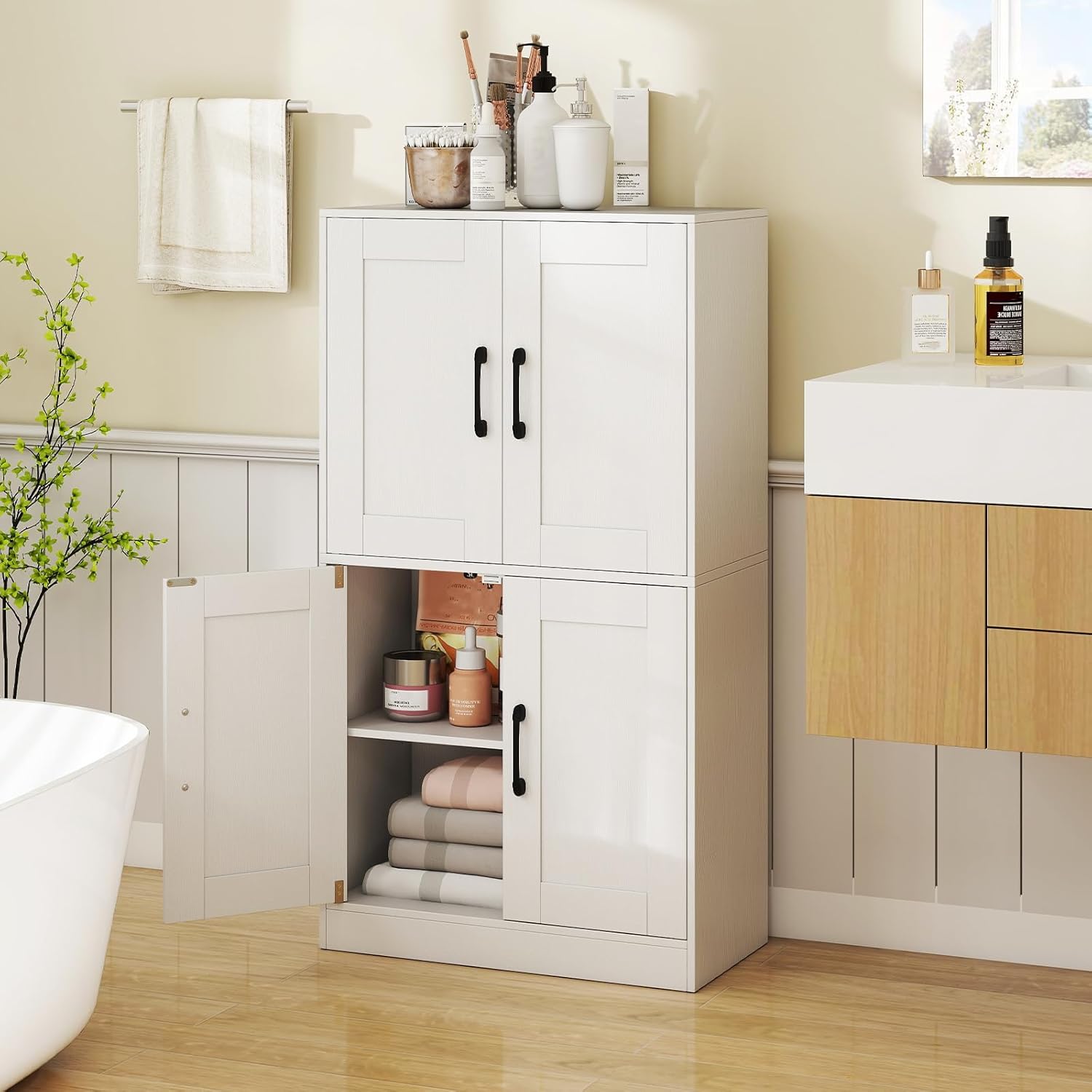 Giantex Bathroom Cabinet, 43.5” Storage Cabinet with Doors & Adjustable Shelves, Kitchen Pantry, Storage Organizer for Living Room Dining Room Study (White)