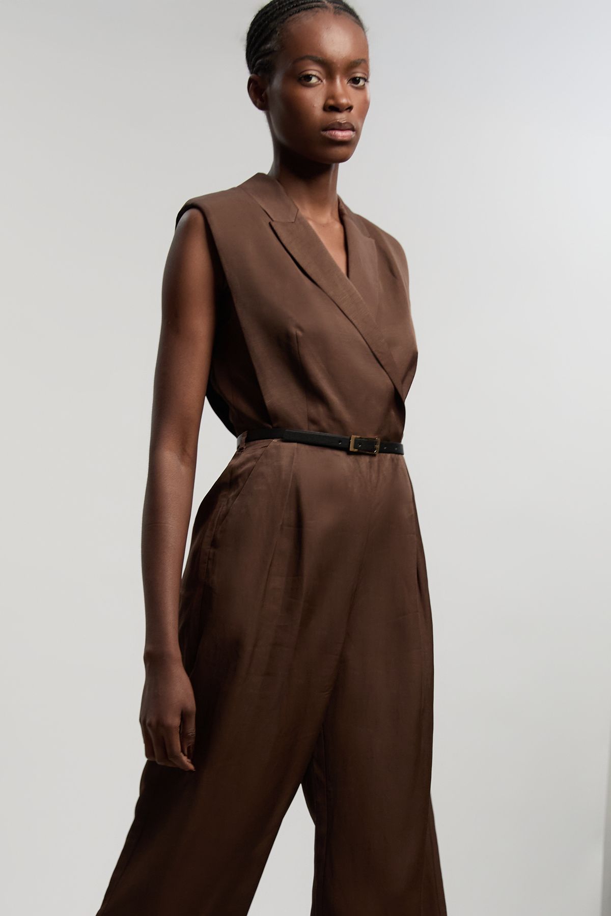 KarenMillen Premium Viscose Linen Tailored Belted Wide Leg Jumpsuit
