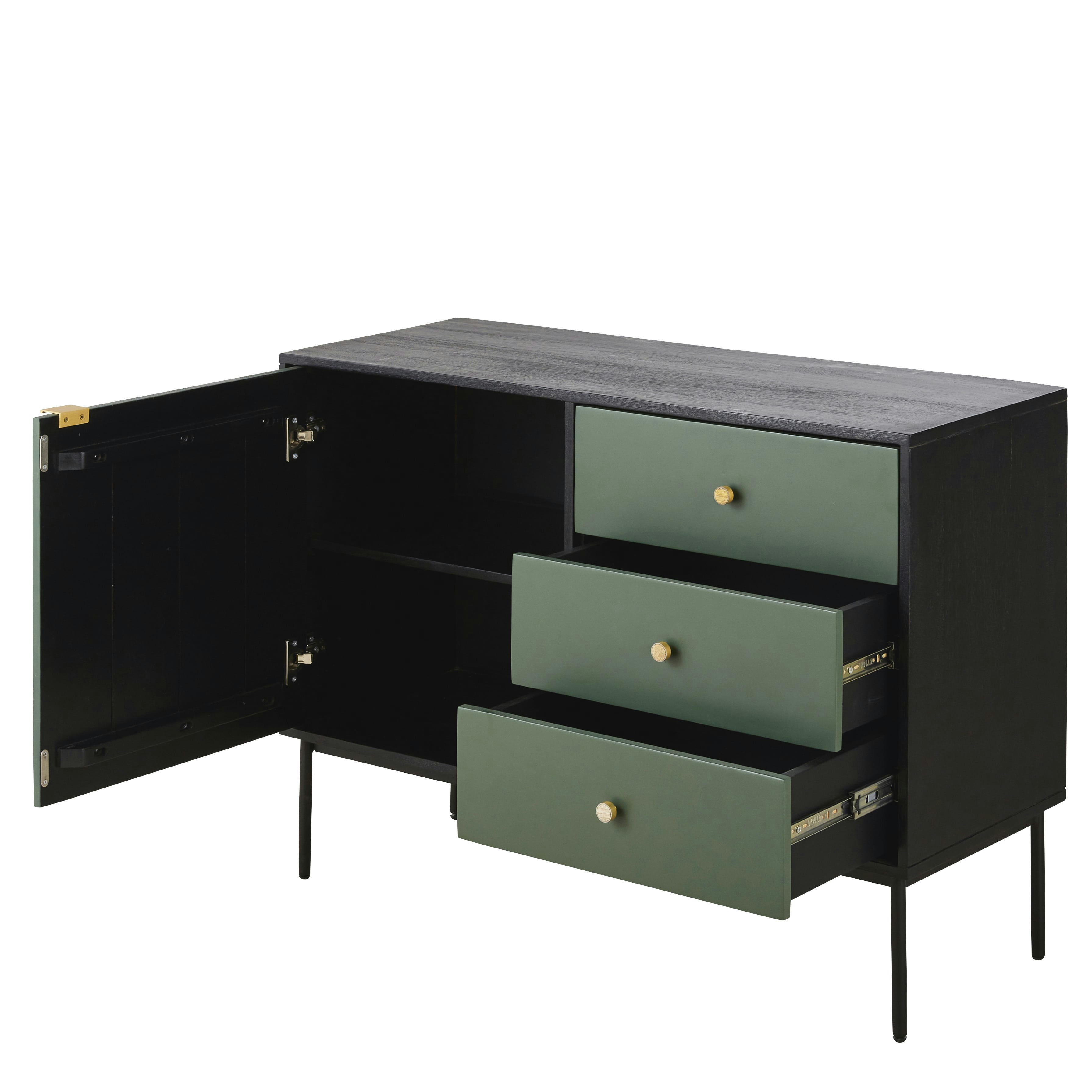 Manaos - Buffet 1 porte 3 tiroirs noir et vert motif sculpté feuillage