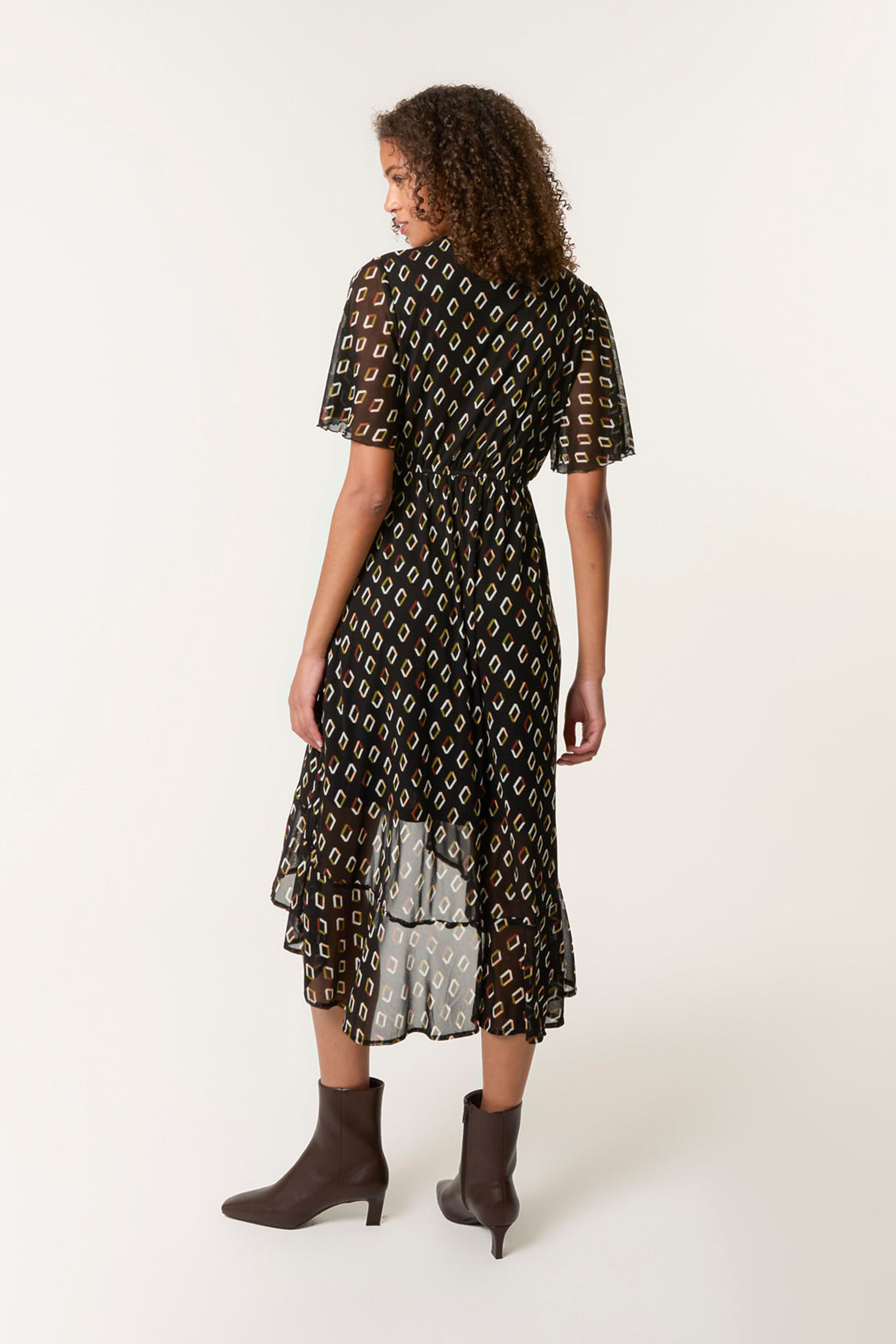 Blue Vanilla Black Geometric Mesh Ruffle Wrap Dress