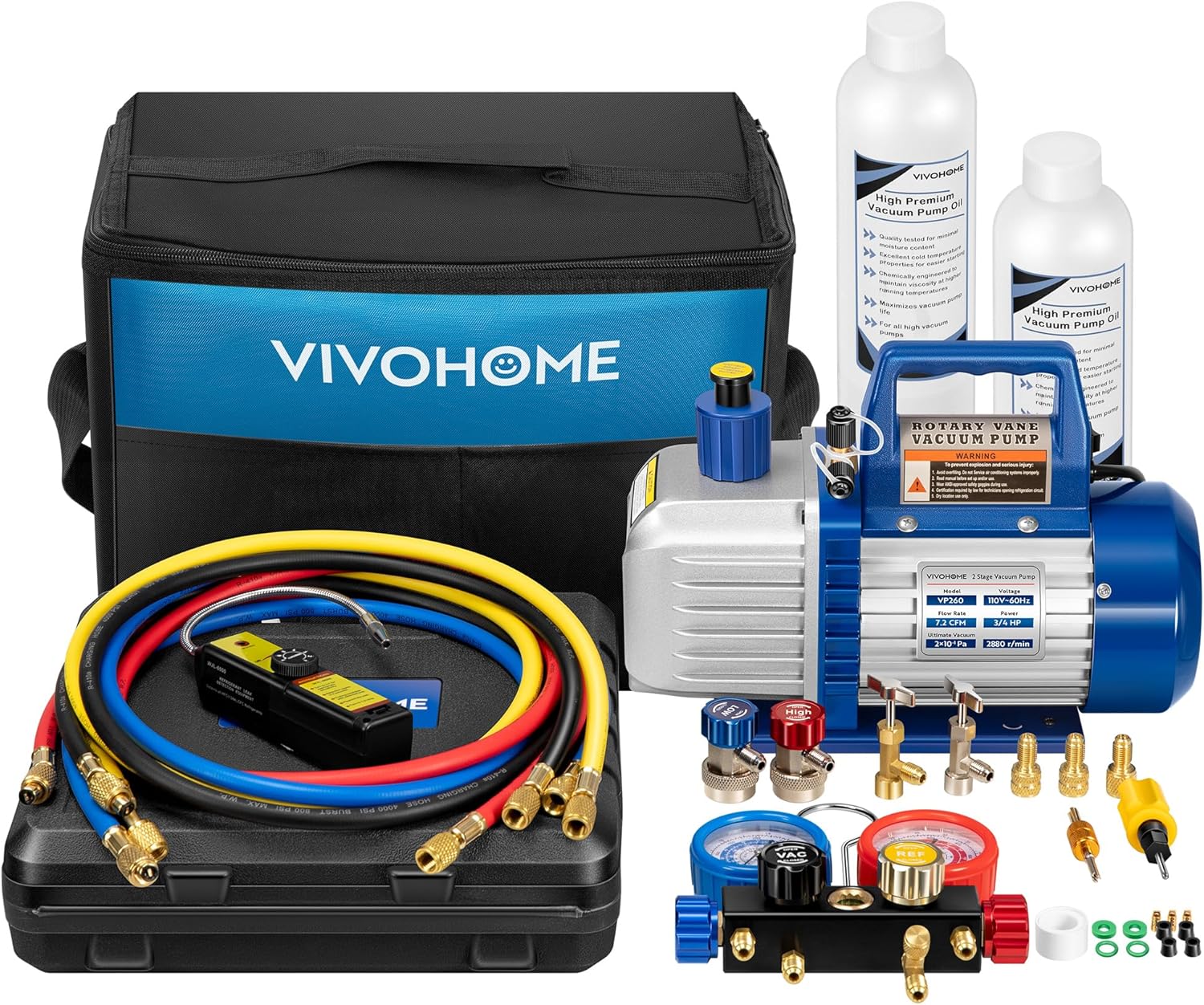 110V 1/4 HP 3.5CFM Single Stage Rotary Vane Air Vacuum Pump and AC Manifold Gauge Set Kit with Thermometer for R134a R12 R22 R502 R410a HVAC Air Conditioning Refrigeration Recharging Red(blue/7.2CFM)