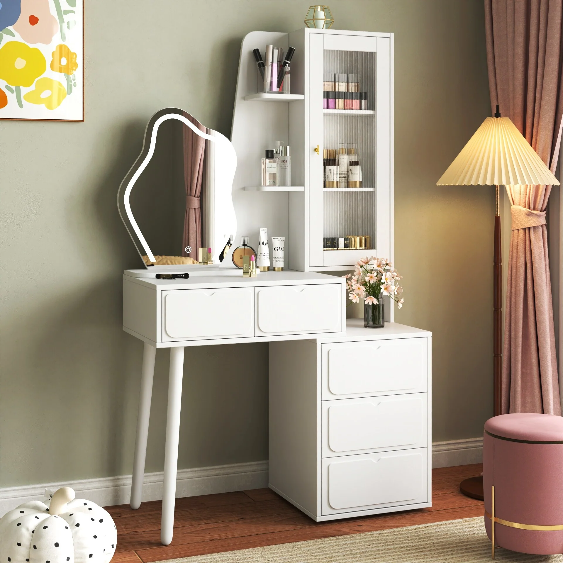 Vanity Desk with Mirror and LED Lights, Touch Control Makeup Vanity Set, Dressing Table with 5 Drawers & Glass Door