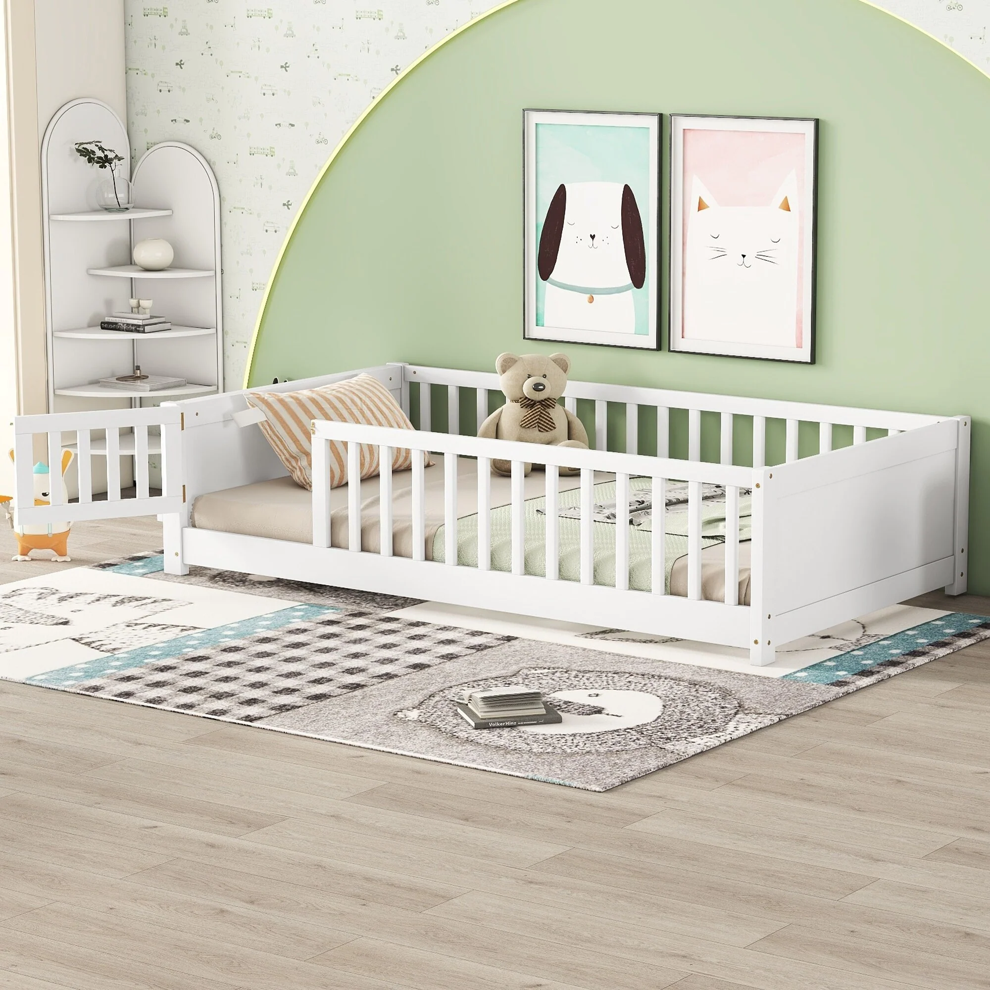 White Twin Pine Platform Bed with Book Storage Rack