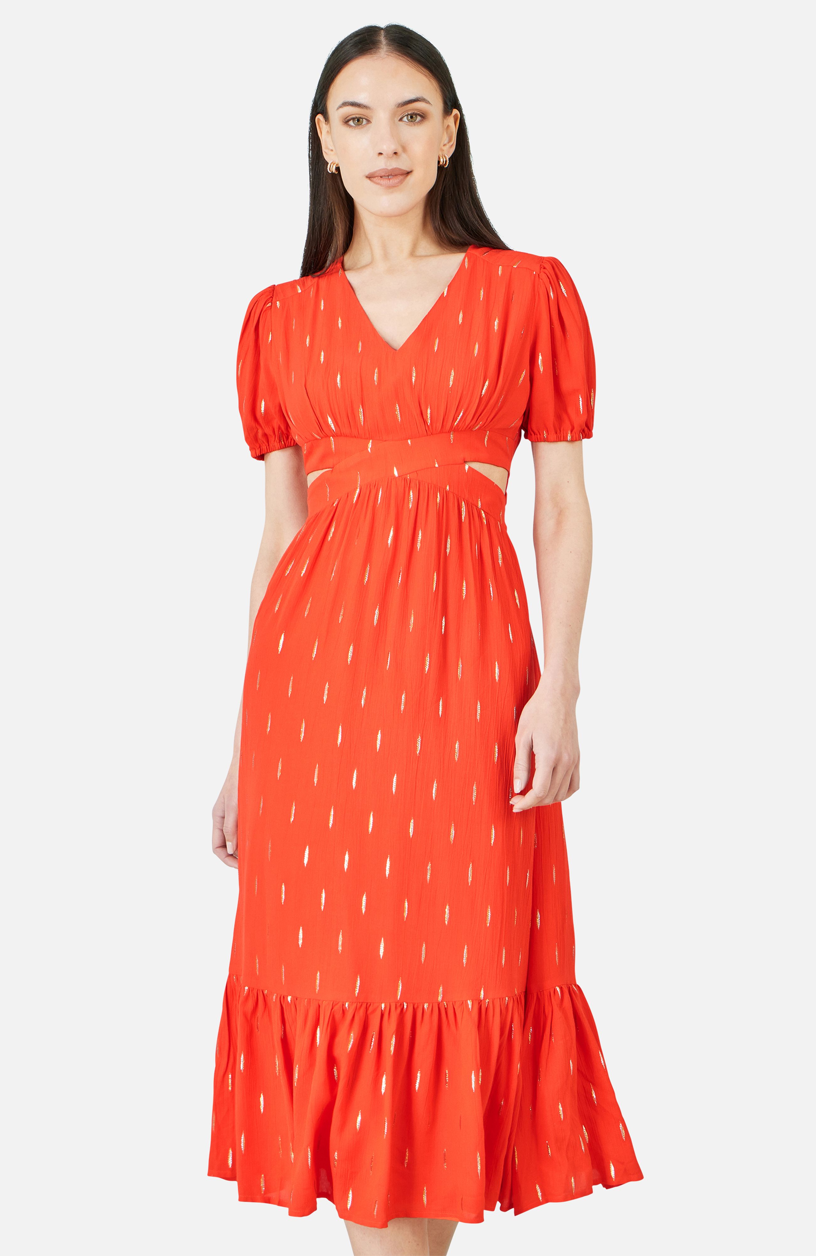Yumi Orange Foil Print Viscose Cut Out Midi Dress