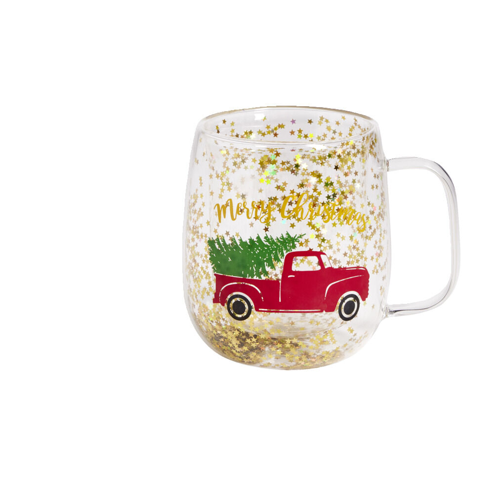 Mug No&euml;l verre transparent paillettes dorées 350ml