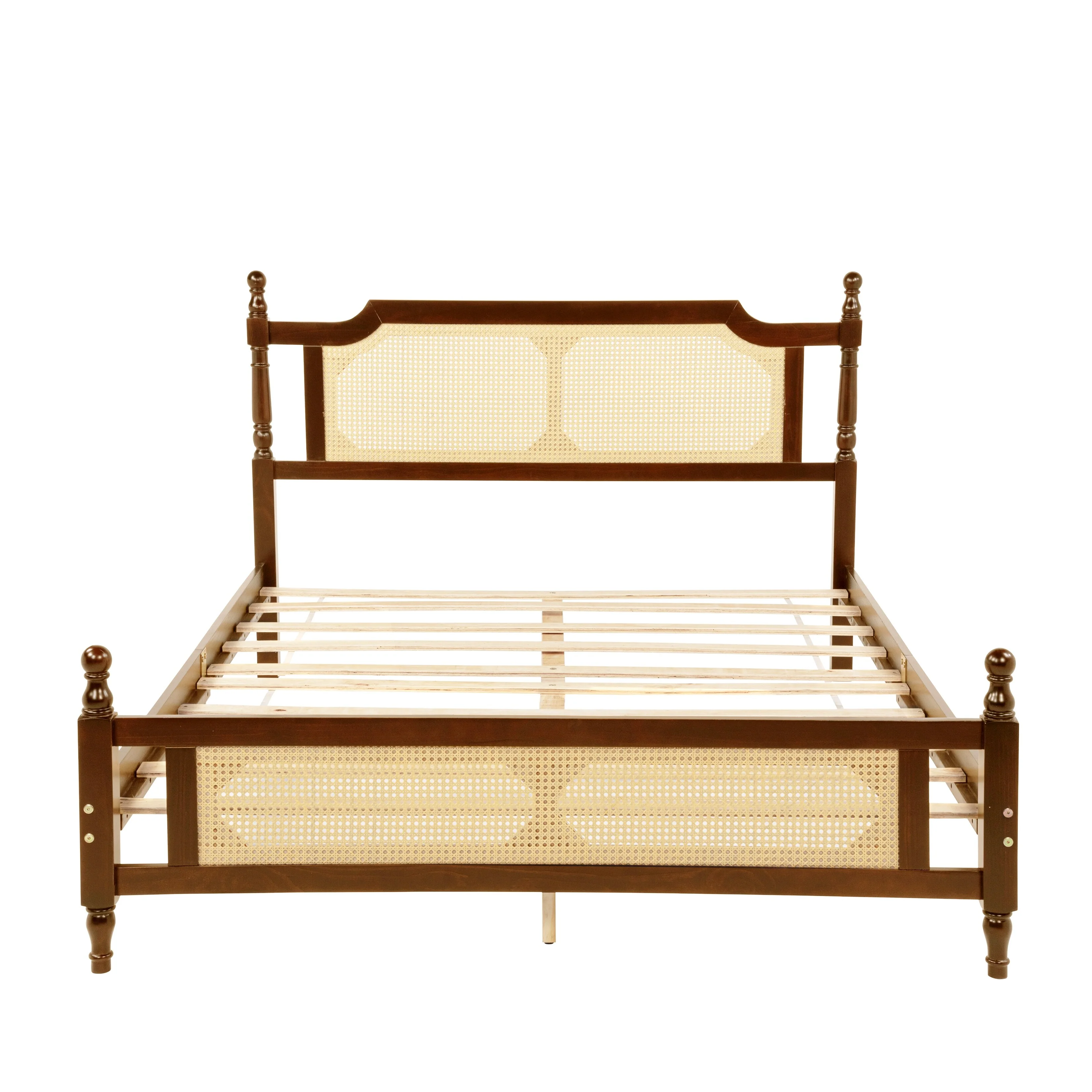 Pine wooden Bed with Rattan Headboard and Footboard