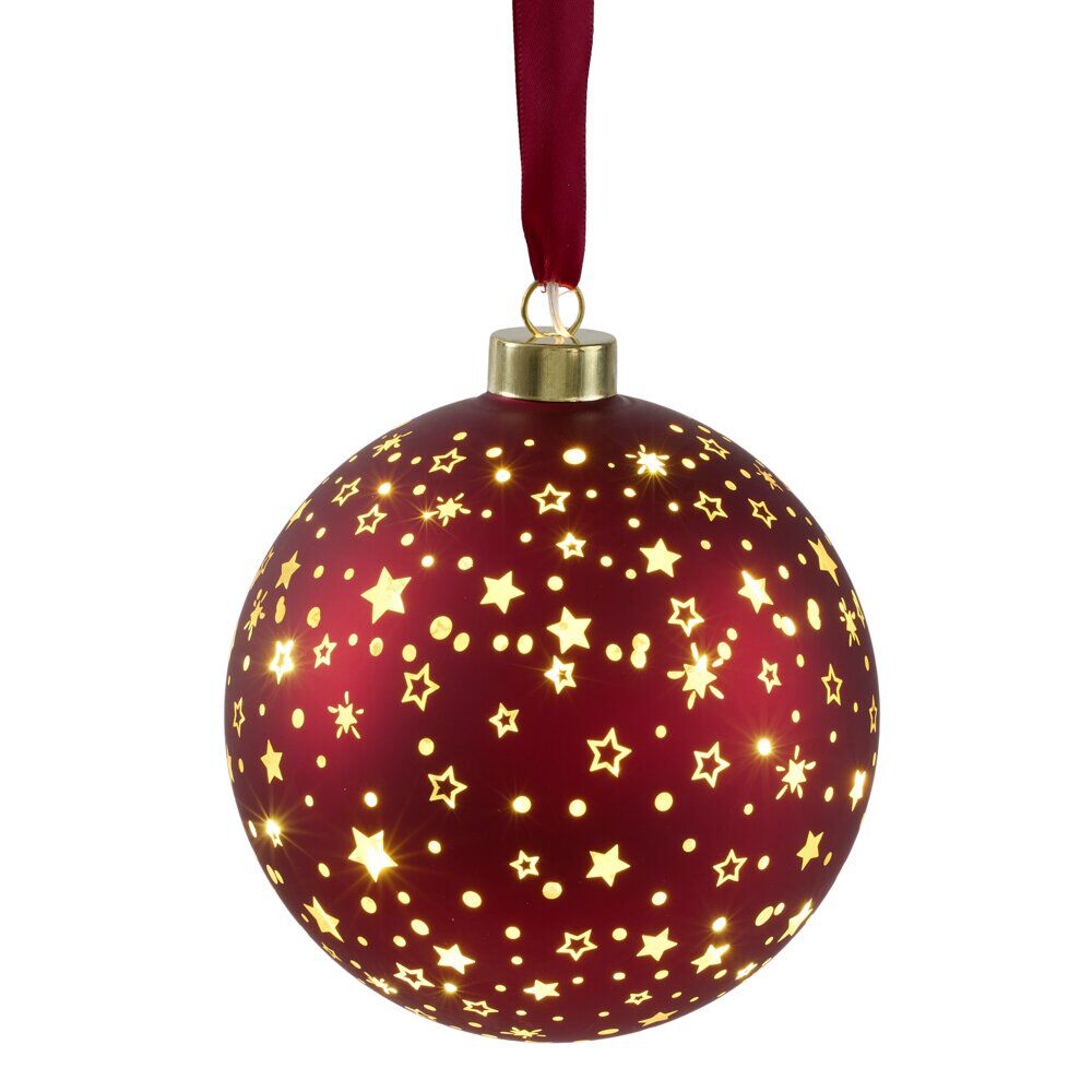 Boule de No&euml;l lumineuse à suspendre 15 LED verre rouge doré Ø14cm