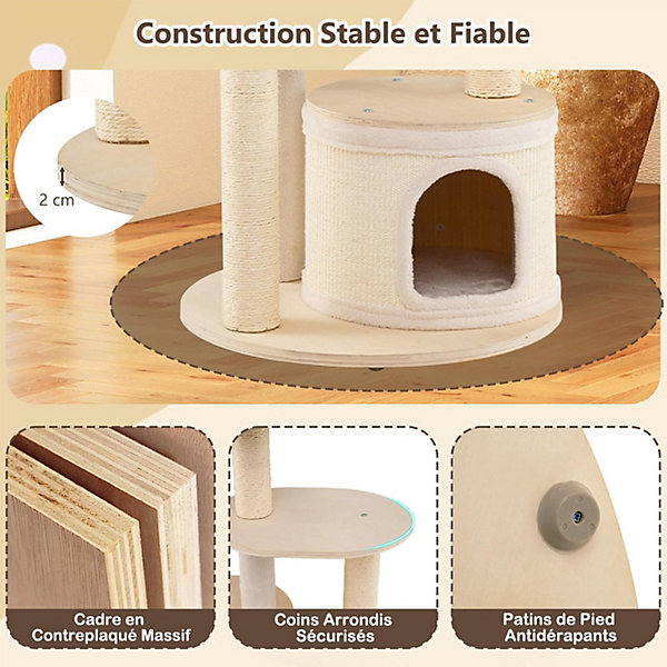 Arbre a Chat en Bois 152CM avec 2 Niches à Housse Amovible, 6 Plateformes,Coussin en Peluche Lavable, Antidérapant, Beige