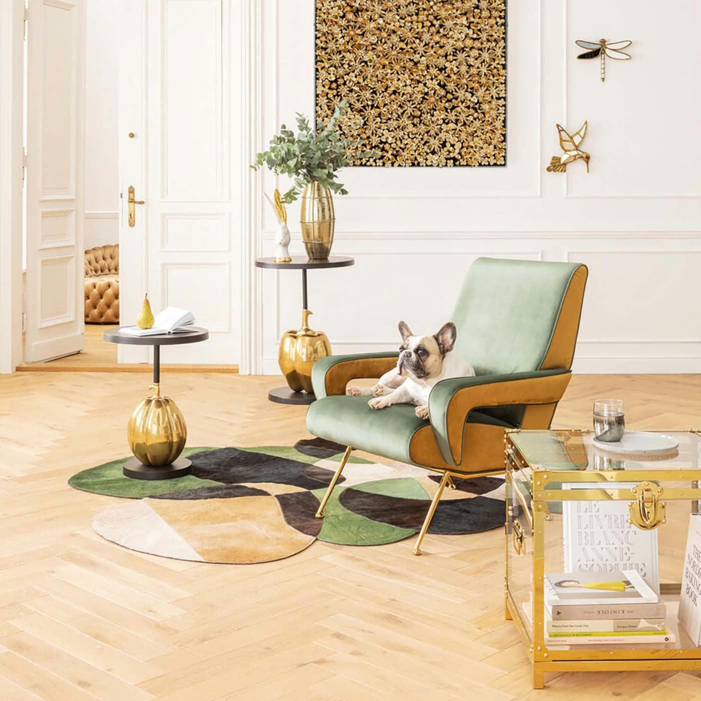 LUNA - Fauteuil en velours vert, ocre et acier doré