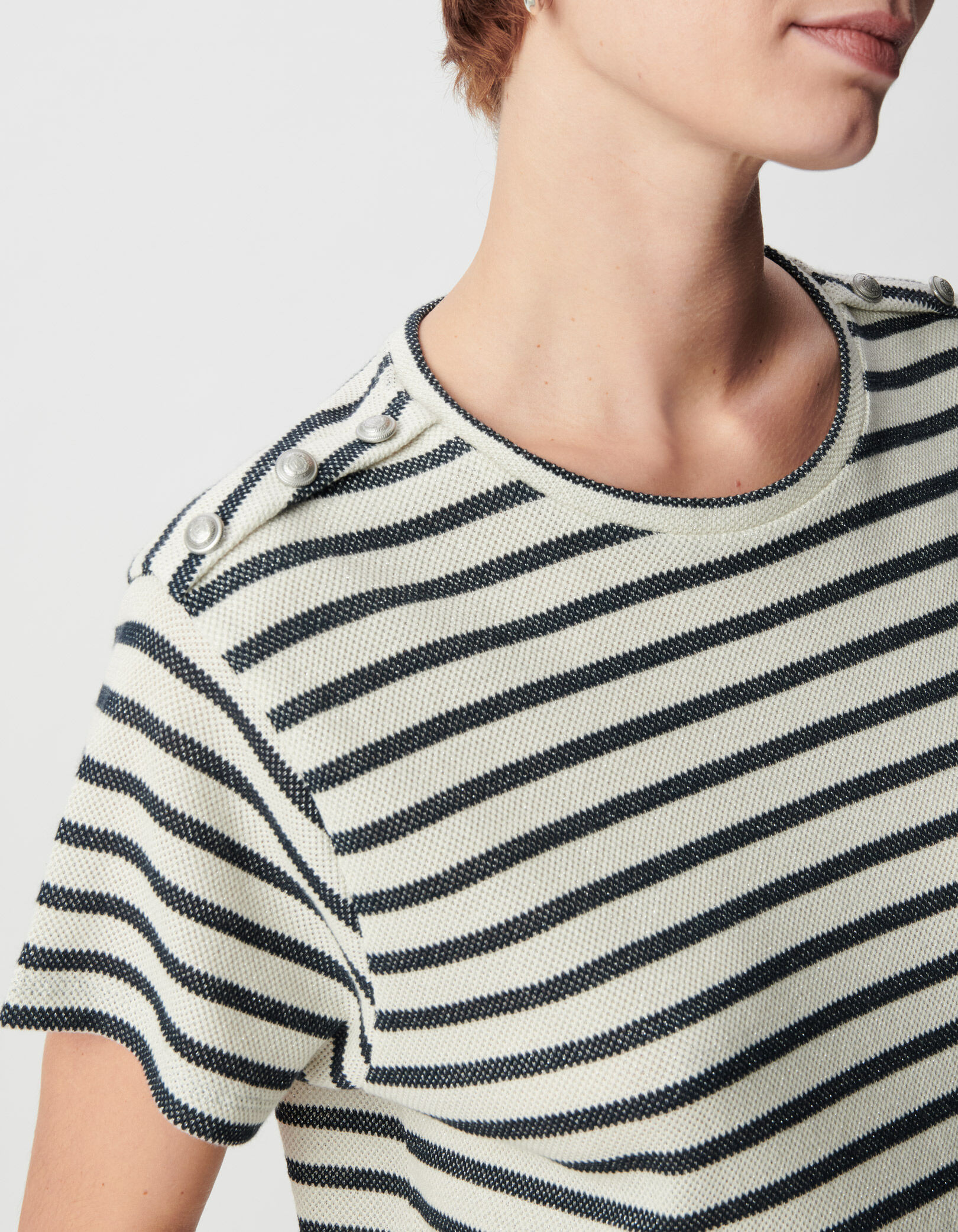 Tee-shirt marinière pailleté boutons épaules Femme