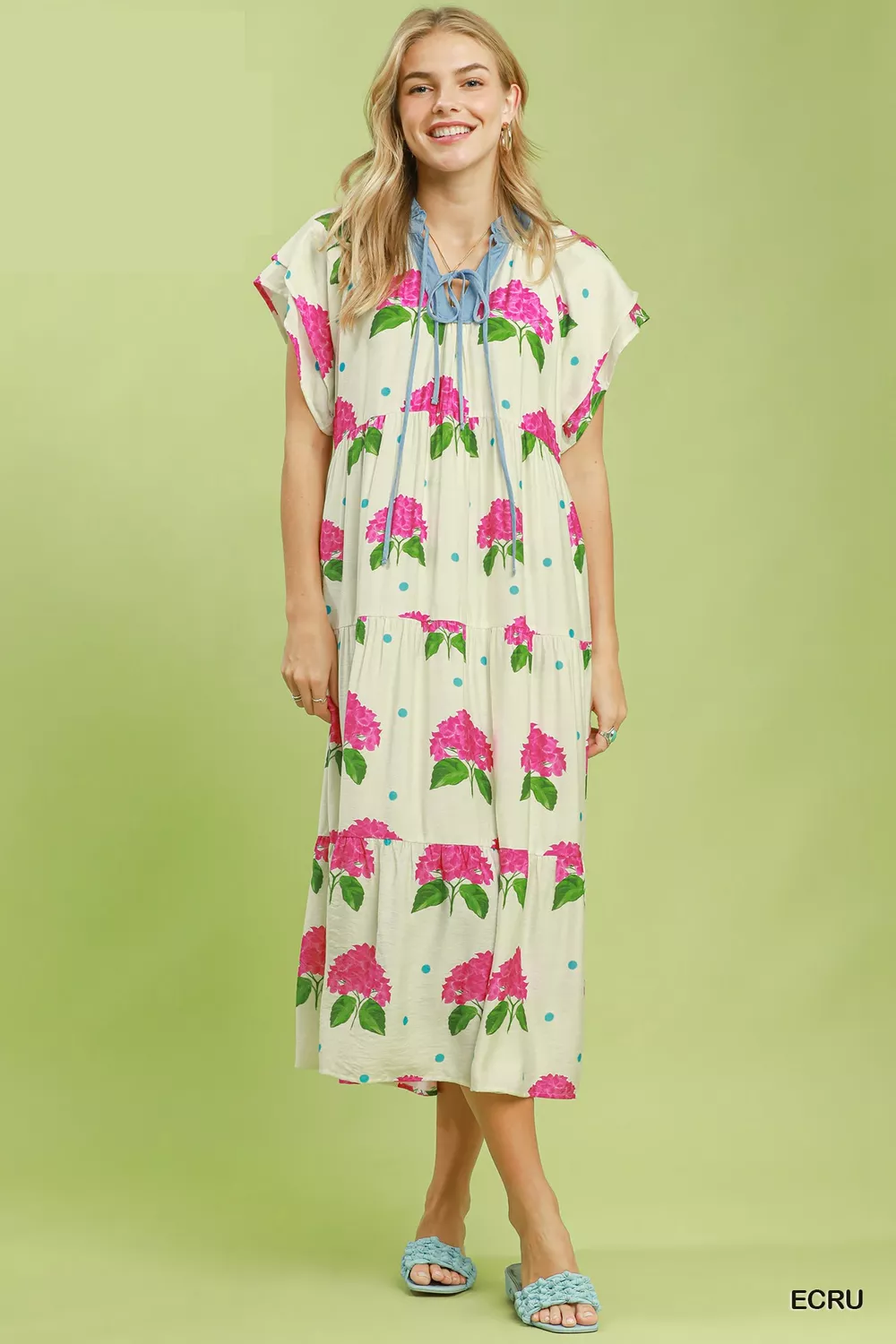 Hydrangea Print Tiered Midi Dress