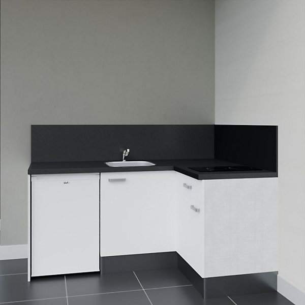 Kitchenette KA01 façades Blanc - Plan de travail Noir texturé - Crédences : Oui - Evier inox - Electroménager Blanc inclus