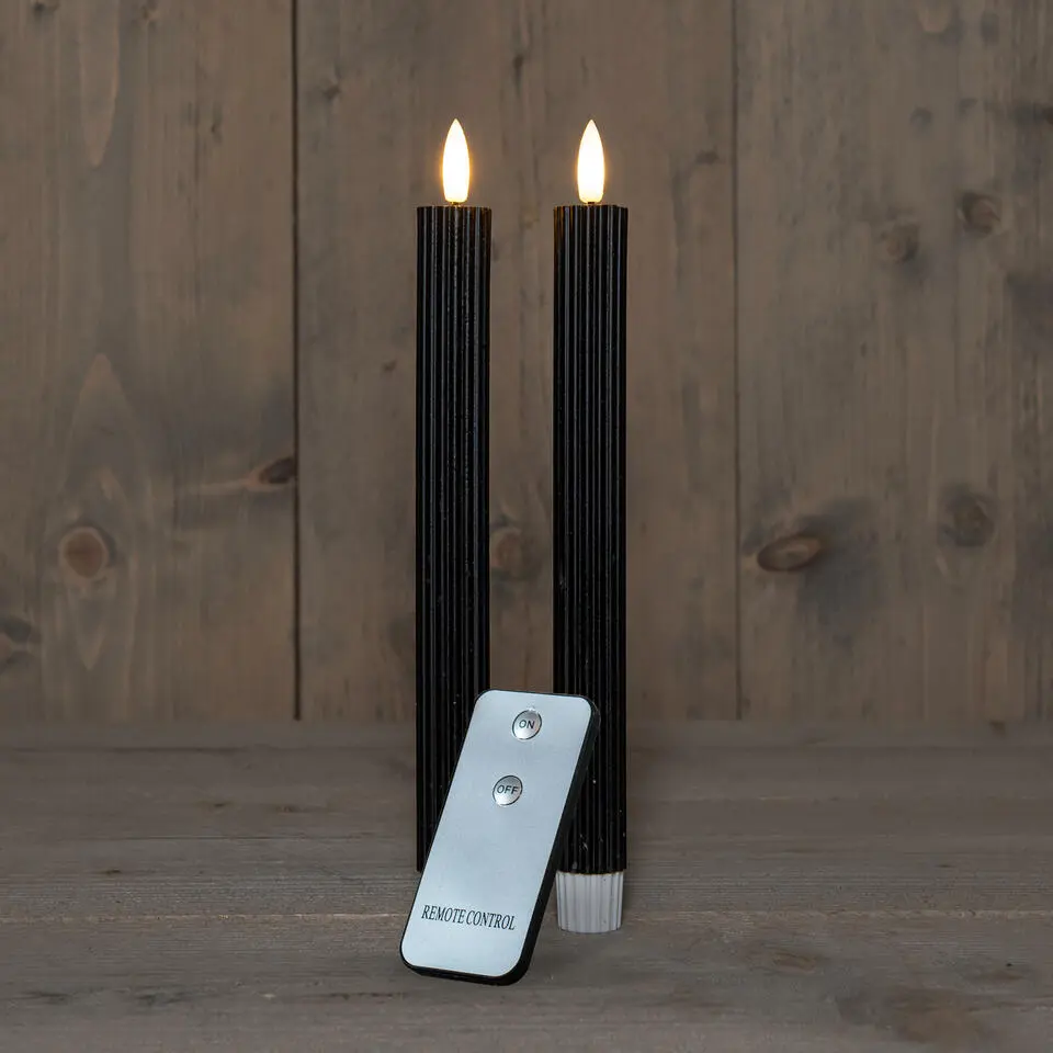 Anna's Collection Led dinerkaarsen - 2x st - zwart - ribbel - 23 cm