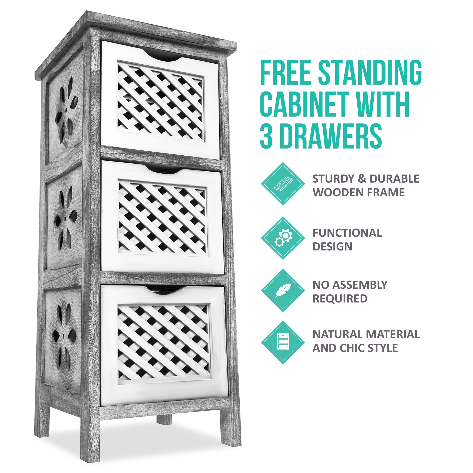 LIVIVO Minerva 3 Drawer Chest of Drawers Grey White Small Bedroom Storage Unit Rustic Scandi Drawer Cabinet