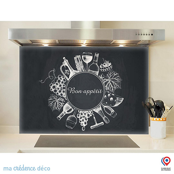 Crédence cuisine fond de hotte Bouteilles et raisins sur ardoise - Verre trempé - L 70 cm x H 60 cm - MaCrédenceDéco