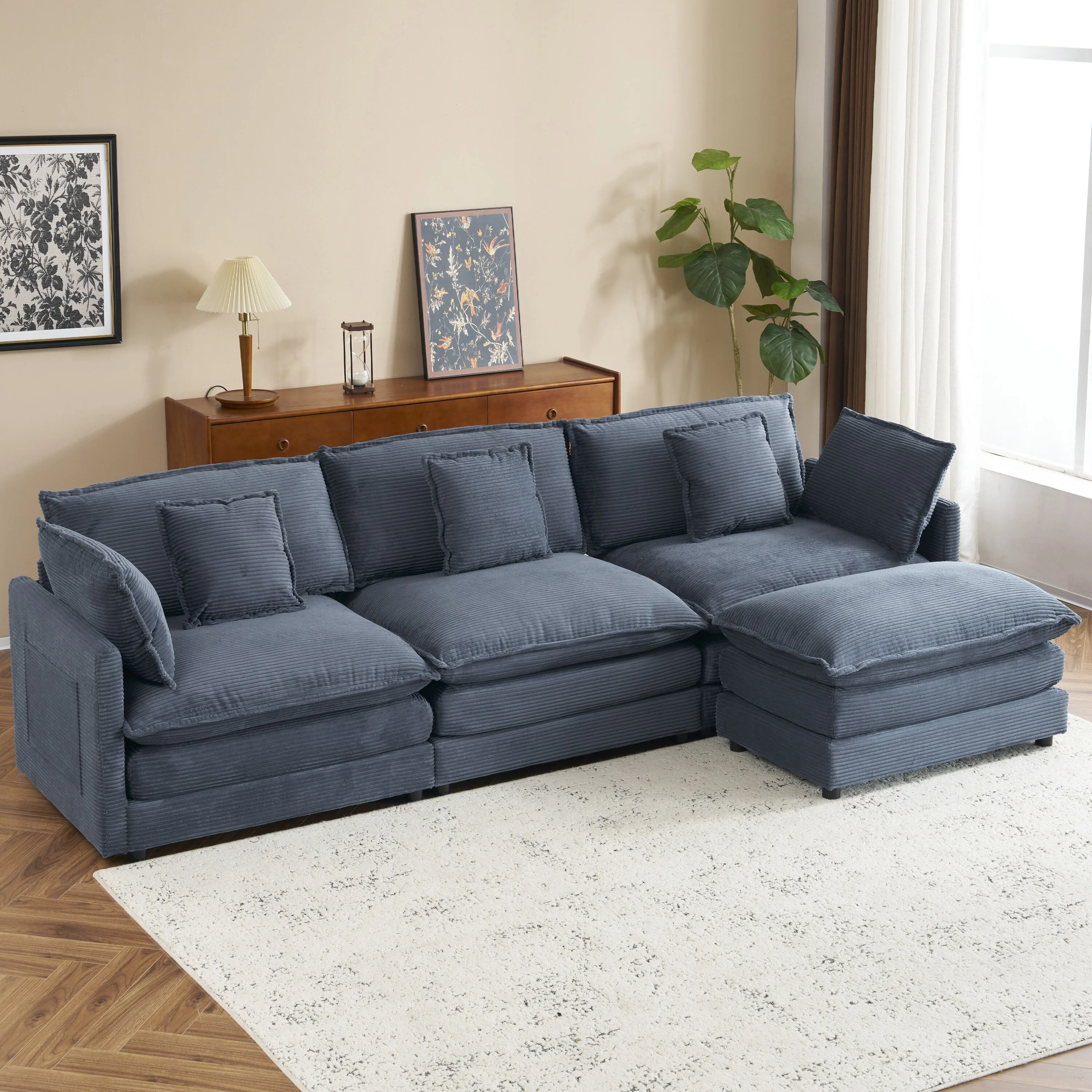 Modern Modular Sectional Sofa with Movable Ottoman and Deep Cushions and Storage Pockets for Small Space Living Room