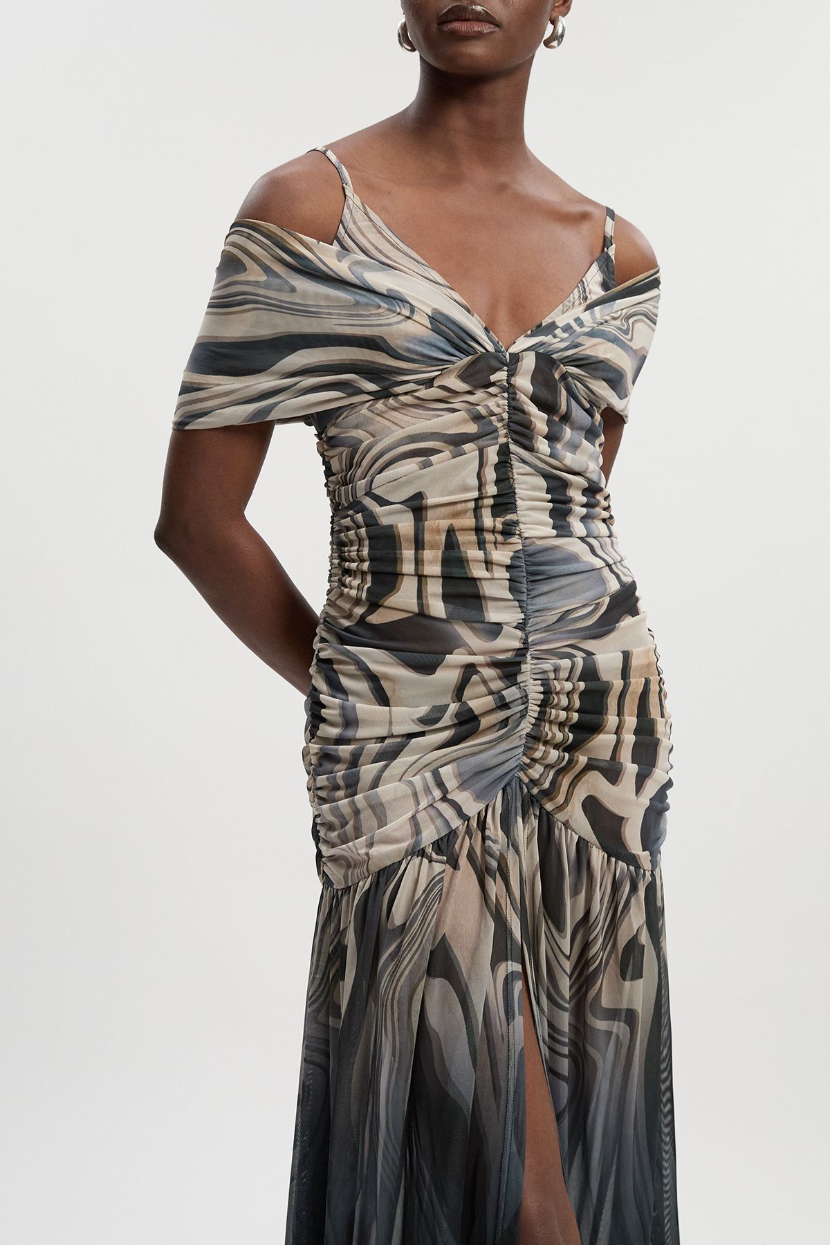 KarenMillen Marble Print Mesh Plunge Strappy Detail Maxi Dress