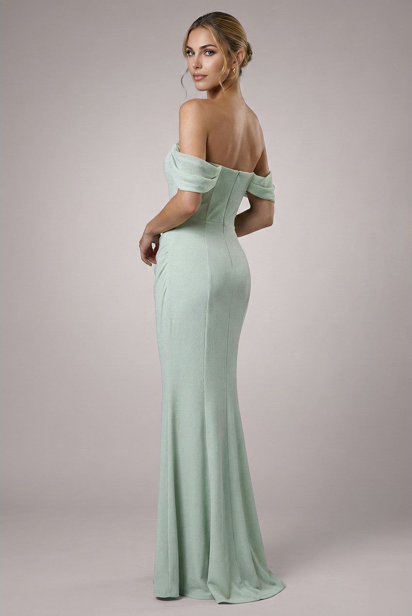 Goddiva Bardot Scuba & Chiffon Cowl Maxi Dress