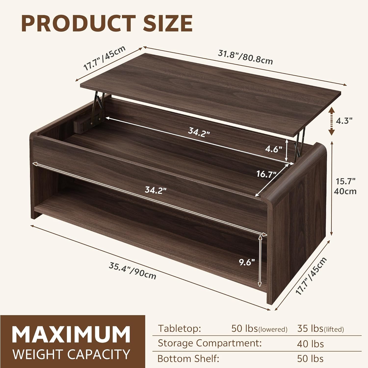 Coffee Table Lift Top, 35 Inch Modern Coffee Table with Hidden Compartment & Open Shelf, Curved Profile Design, Converts to Home Office Table, Center Table for Living Room, Walnut