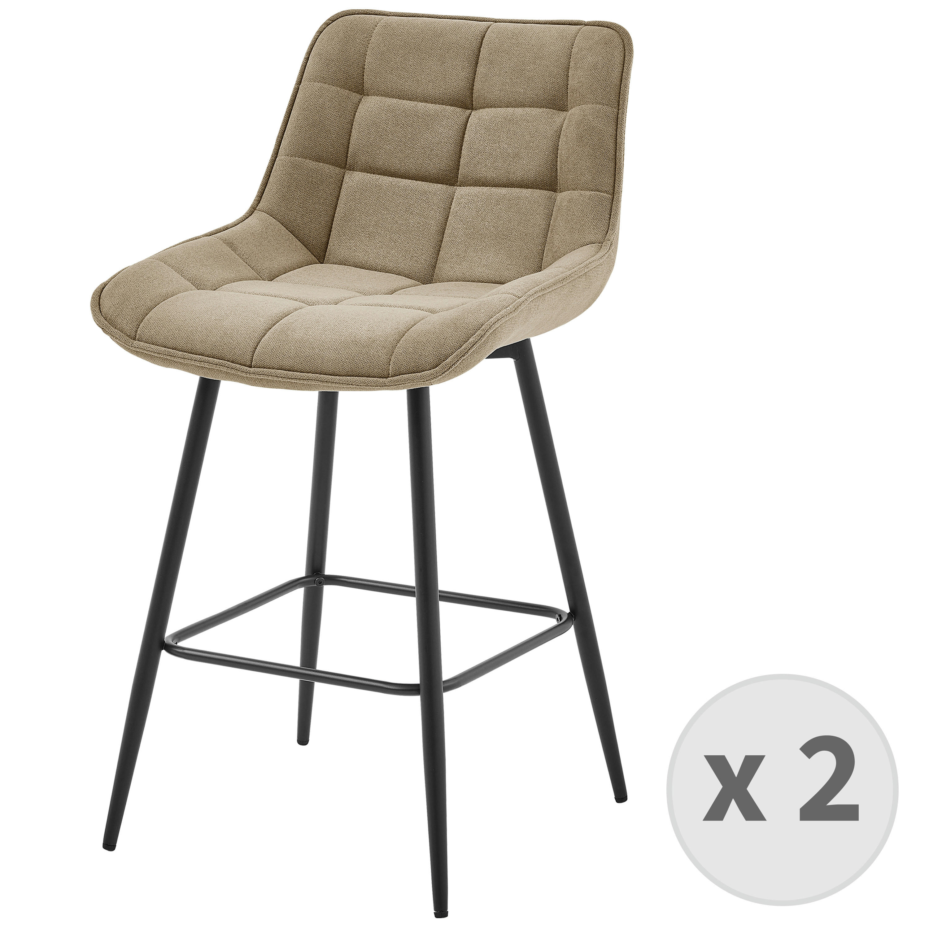 GRANT - Tabouret de bar en tissu Marron Clair et pieds métal noir (x2)