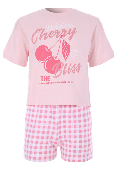 Older Girls Pink Cherry Gingham Short Pyjama Set