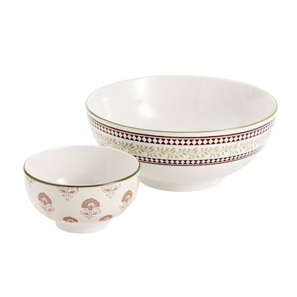 Service saladier porcelaine Ø20cm avec 6 bols Ø11,5cm motif Indie beige