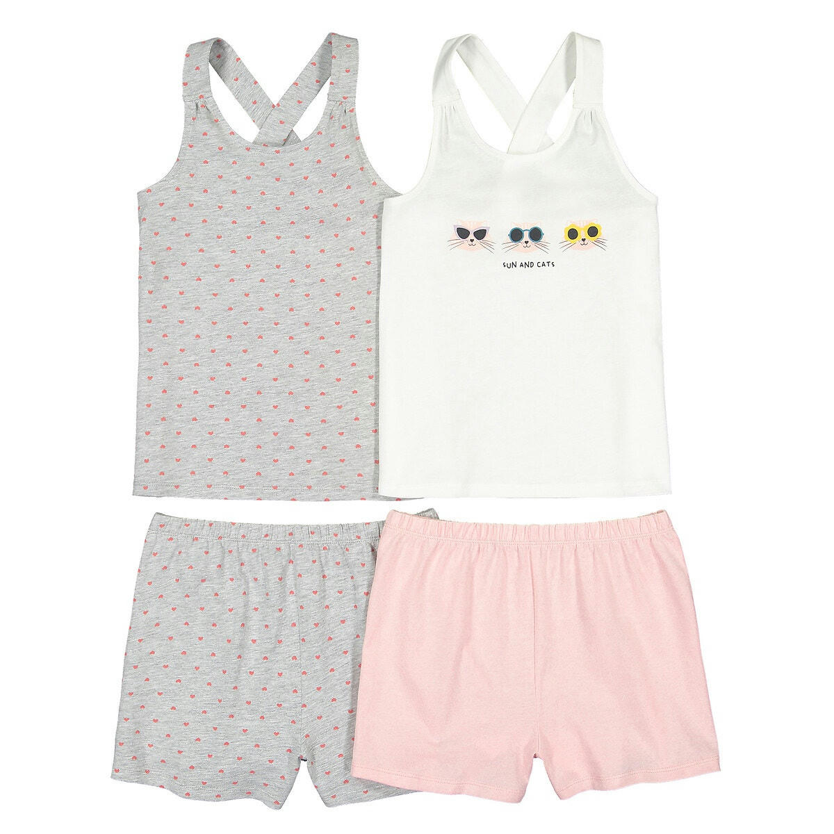 Lot de 2 pyjashorts à bretelles chats coton bio