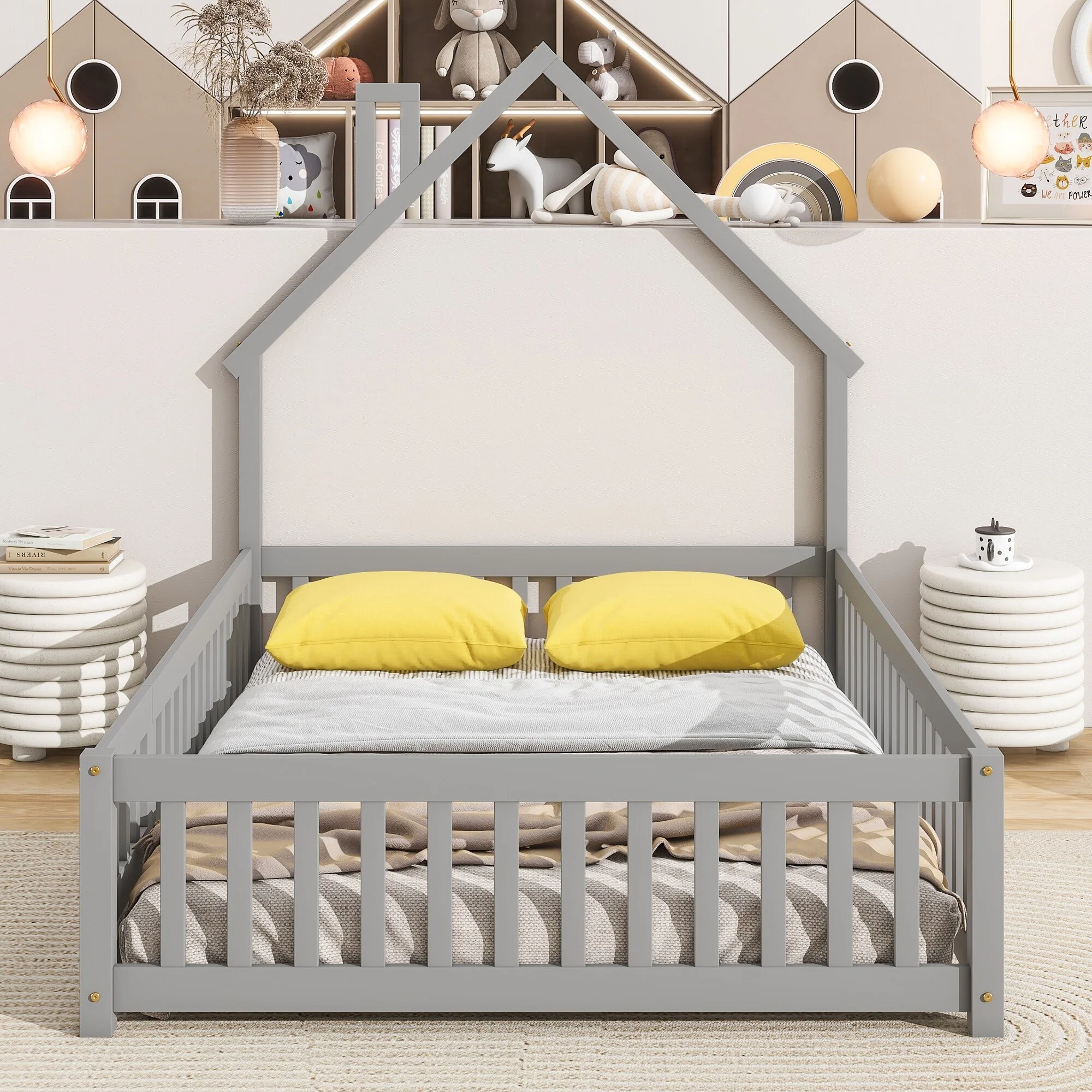 House-Shaped Full Floor Bed Frame with Fence Guardrails, Grey Wood