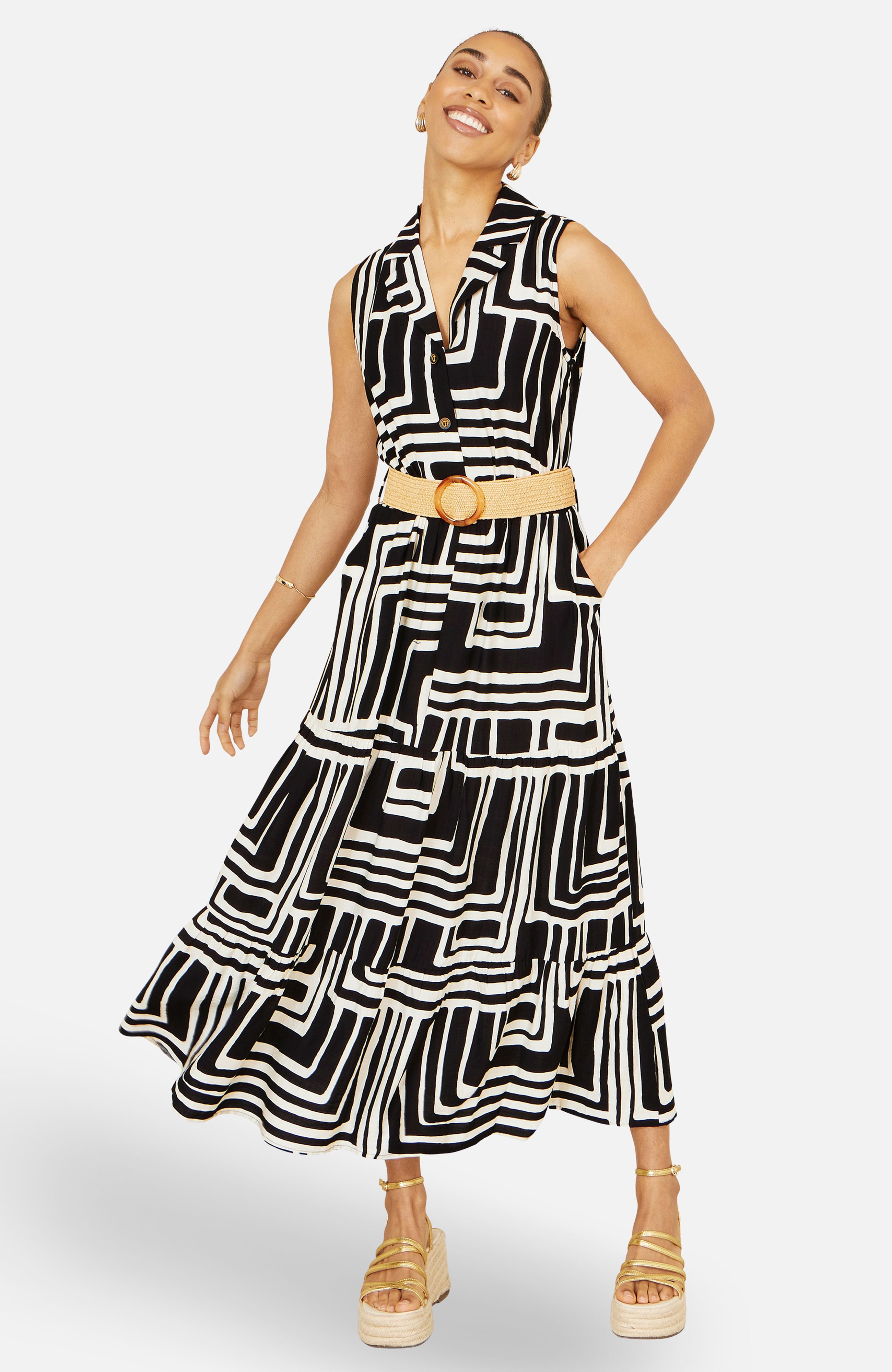 Yumi Viscose Geo Print Midi Shirt Dress With Matching Belt