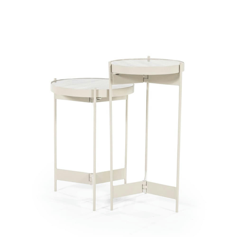 SIB - Lot de 2 tables d'appoint rondes en marbre et métal blanc ivoire
