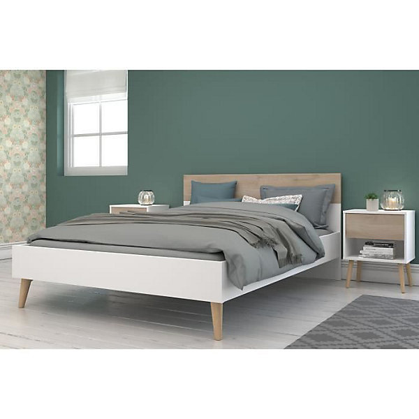 Ensemble Lit 160 x 200 cm   2 chevets - AALBORG - Scandinave - Blanc / Chene - PARISOT