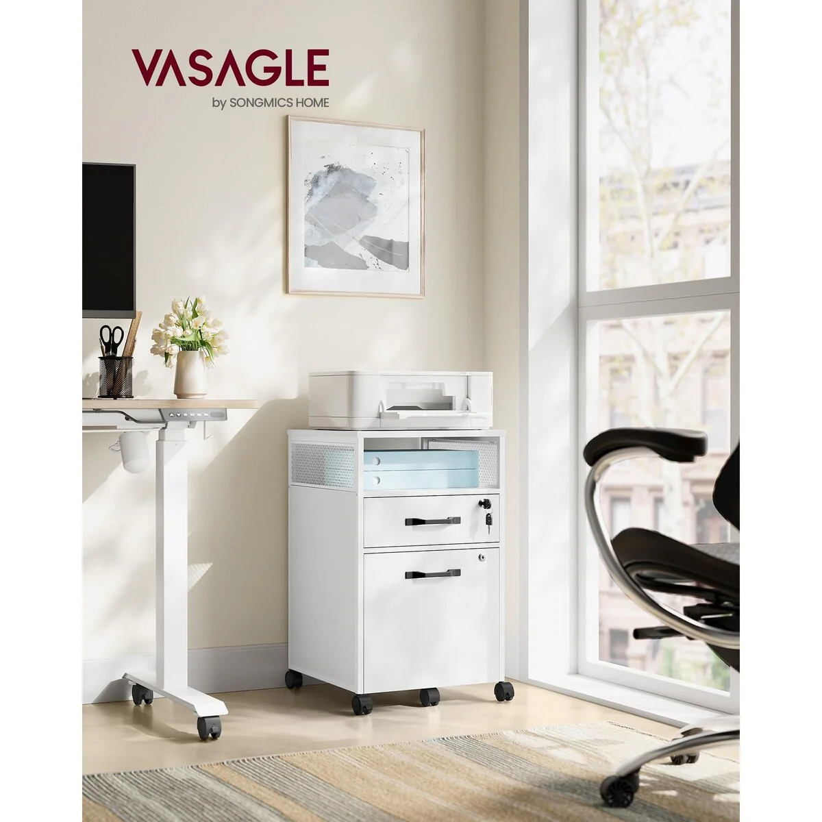 Mobile Filing Cabinet on Wheels 2 Lockable Drawers, for A4 & Letter-Size Hanging File Folders, Open Shelf, Steel Frame