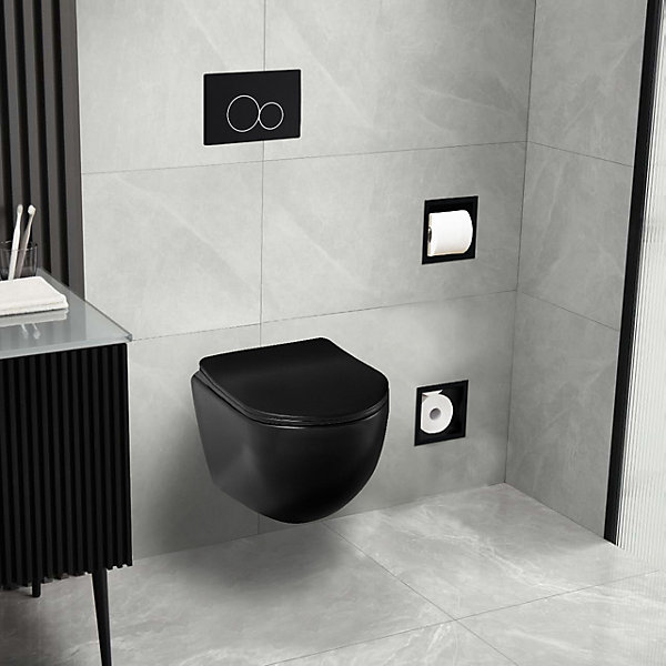 Balneo WC suspendu, sans bride bau, abattant softclose, Ceramique, noir, LUNA