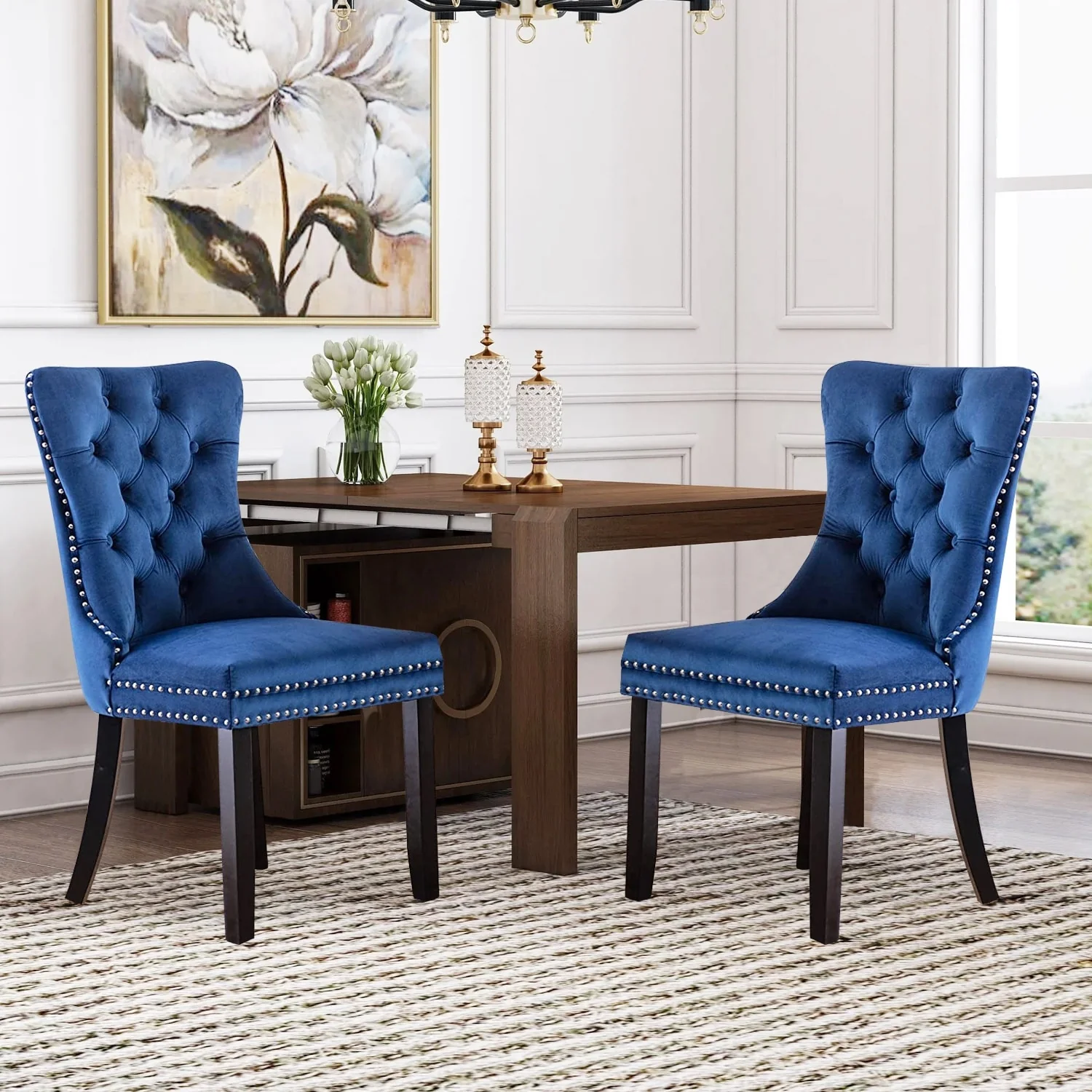 Velvet Dining Chairs Set of 2, Upholstered High-end Tufted Dining Room Chair with Nailhead Back Ring Pull Trim Solid Wood Legs