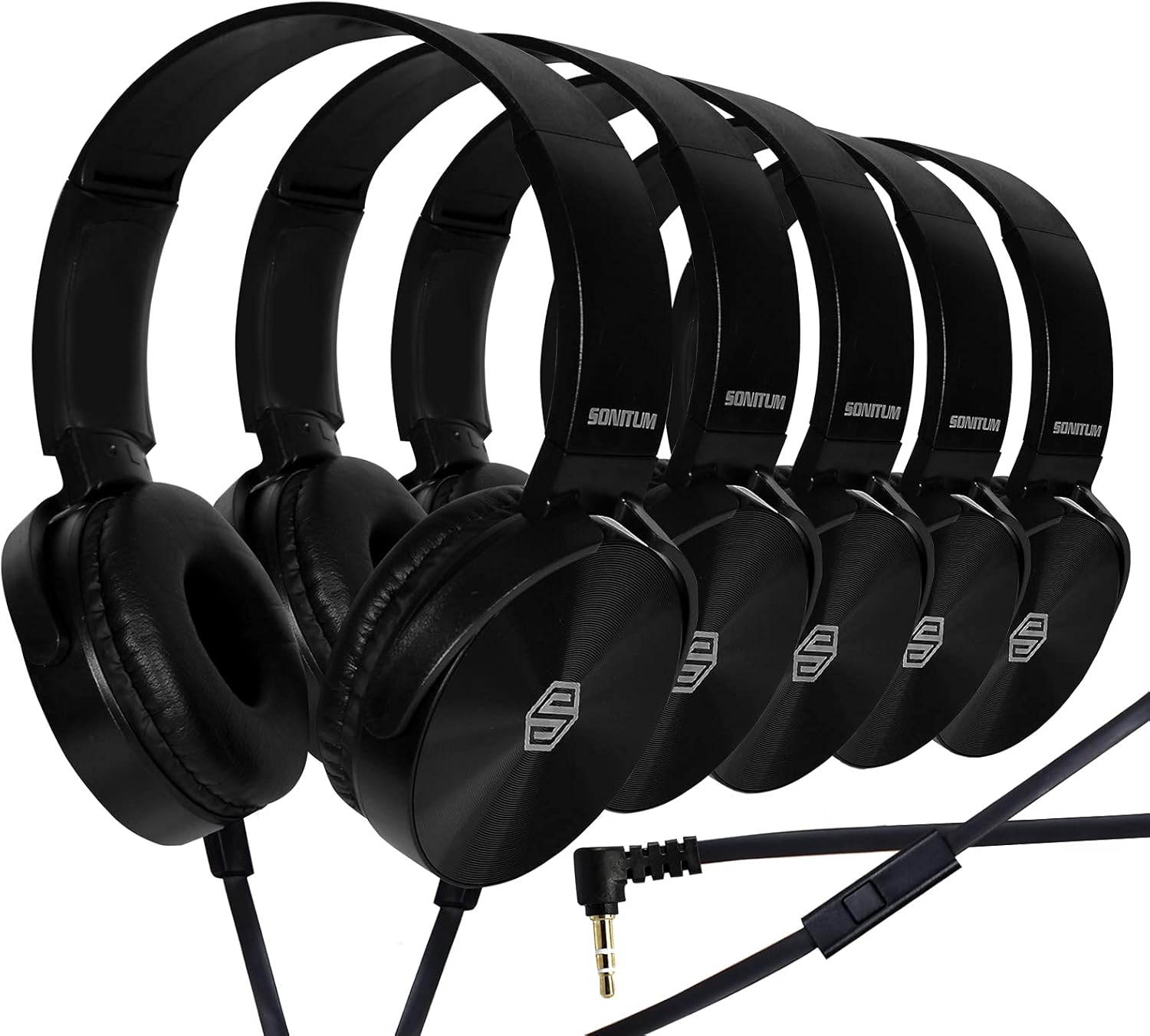 Sonitum Premium Classroom Headphone & Mic Set 3.5mm Jack Stereo Sound Earphones with Microphone & Soft Swivel On Ear Pads- Perfect for E-Learning, Meetings, Calls - Bulk Pack of 5 (Black)