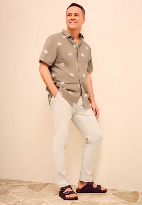 Mens Mocha Leaf Embroidered Linen Blend Shirt